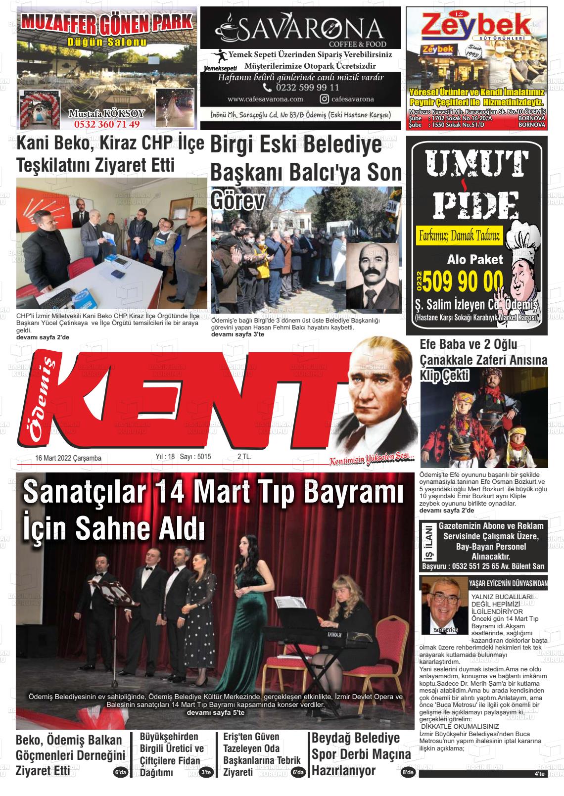 16 Mart 2022 Ödemiş Kent Gazete Manşeti