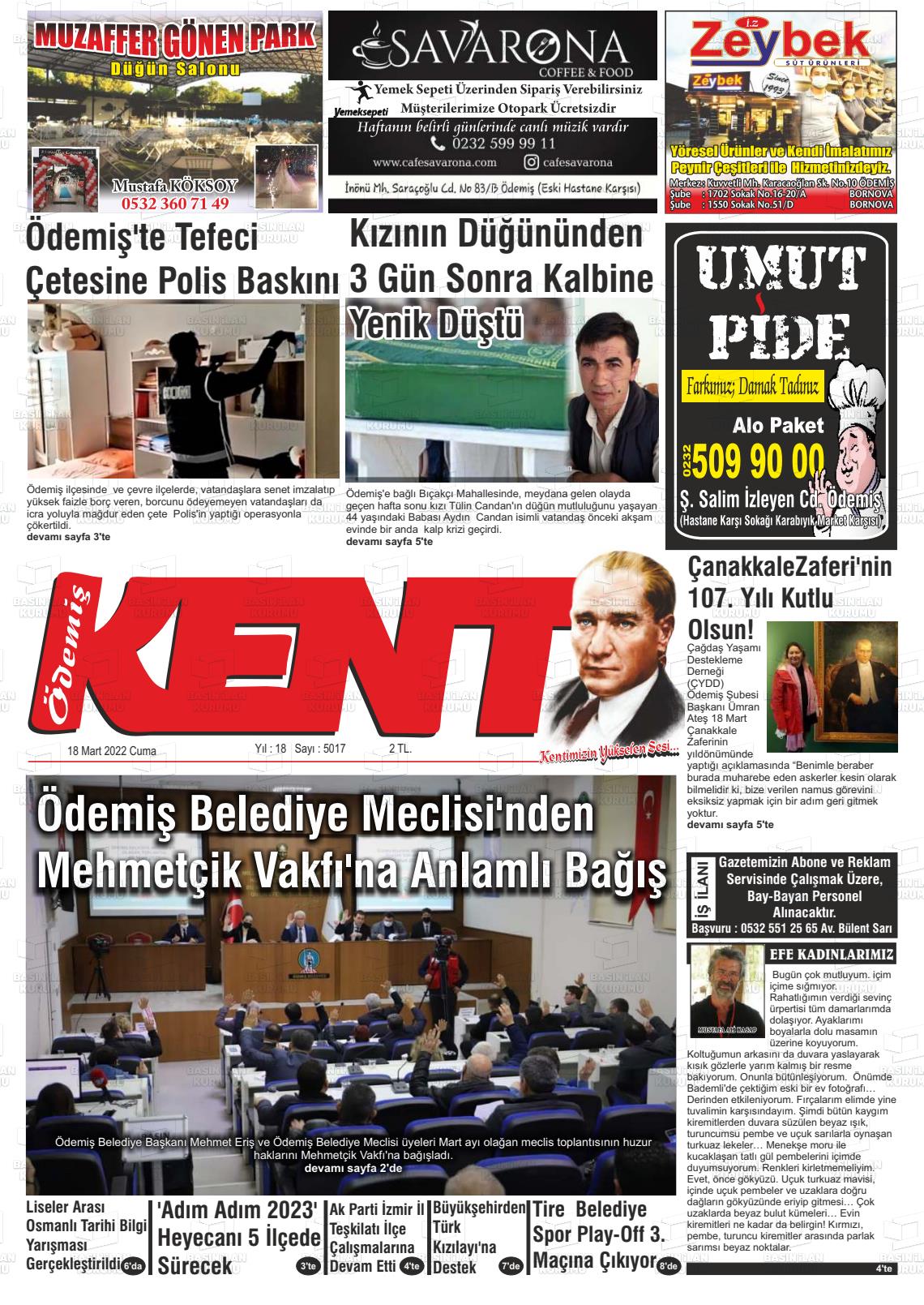 18 Mart 2022 Ödemiş Kent Gazete Manşeti