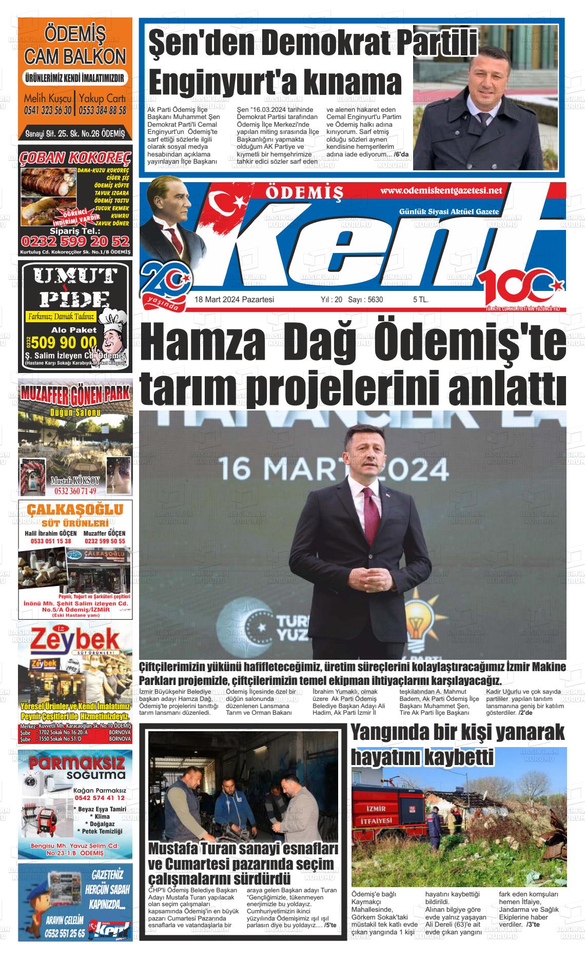 18 Mart 2024 Ödemiş Kent Gazete Manşeti