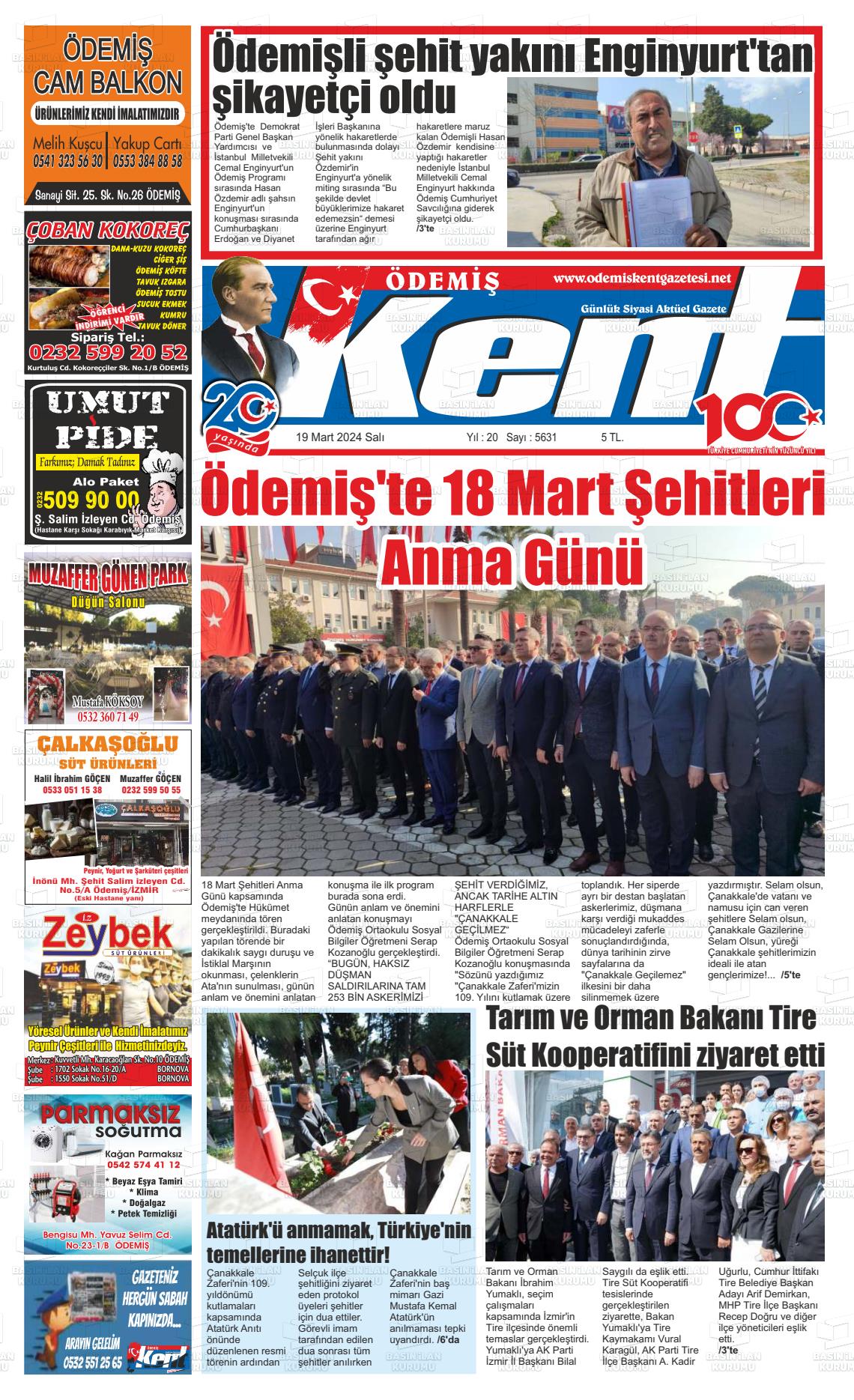 19 Mart 2024 Ödemiş Kent Gazete Manşeti