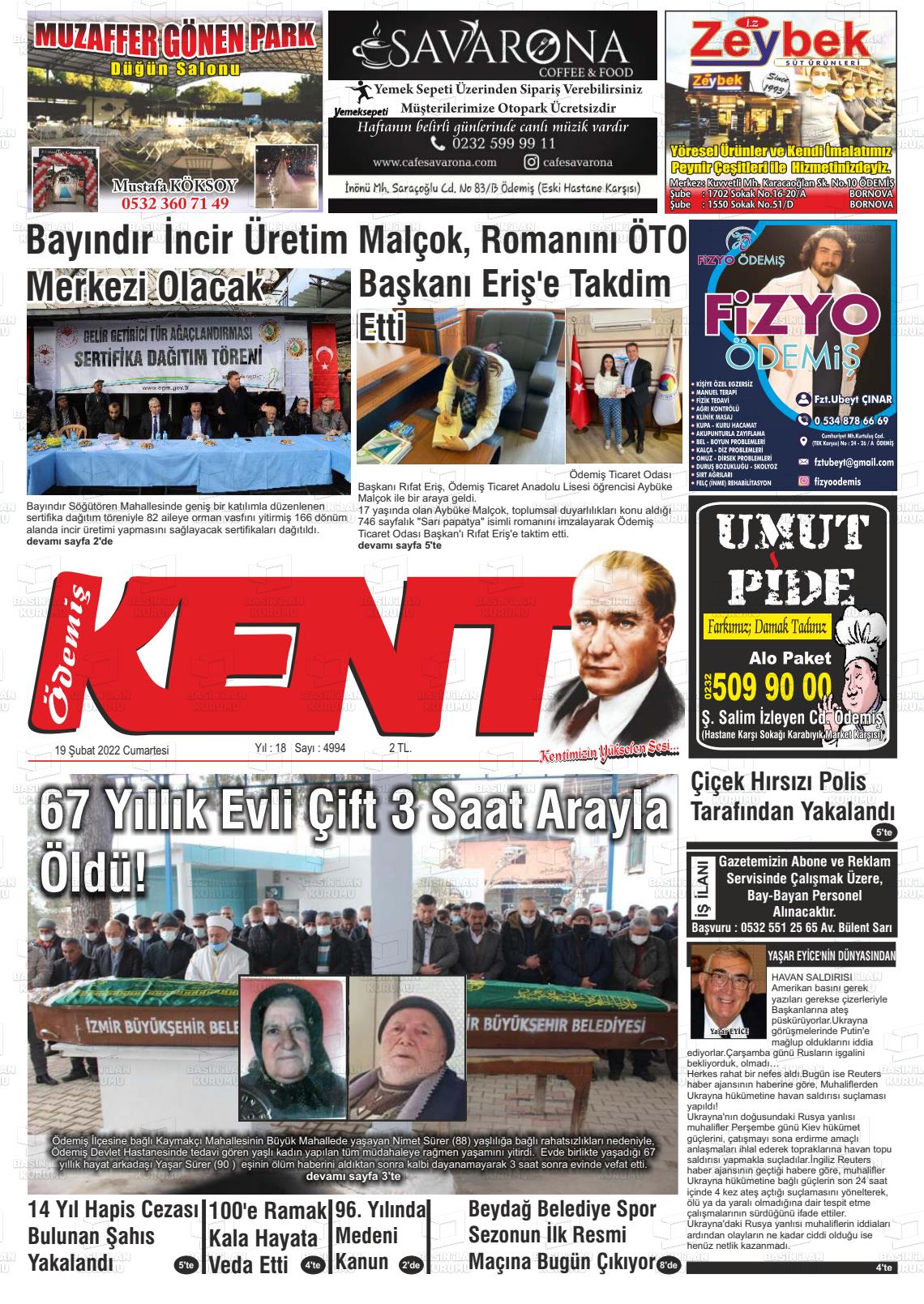 19 Şubat 2022 Ödemiş Kent Gazete Manşeti