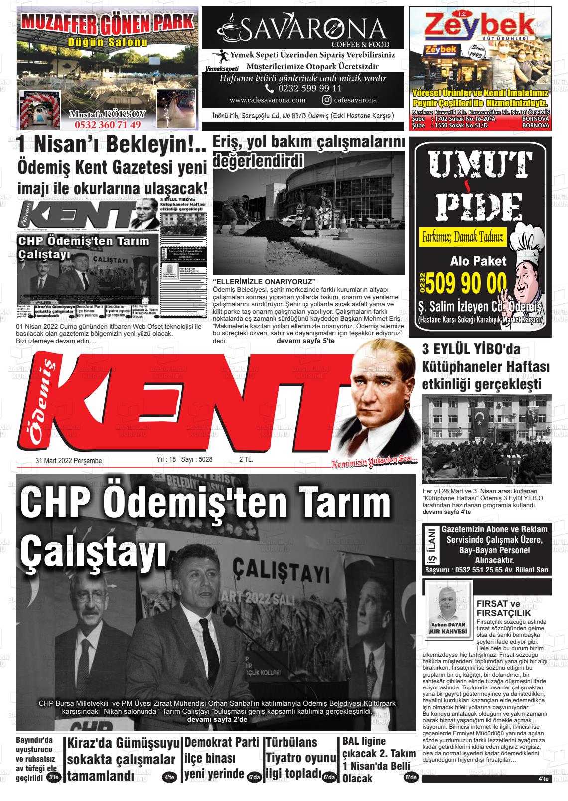 31 Mart 2022 Ödemiş Kent Gazete Manşeti