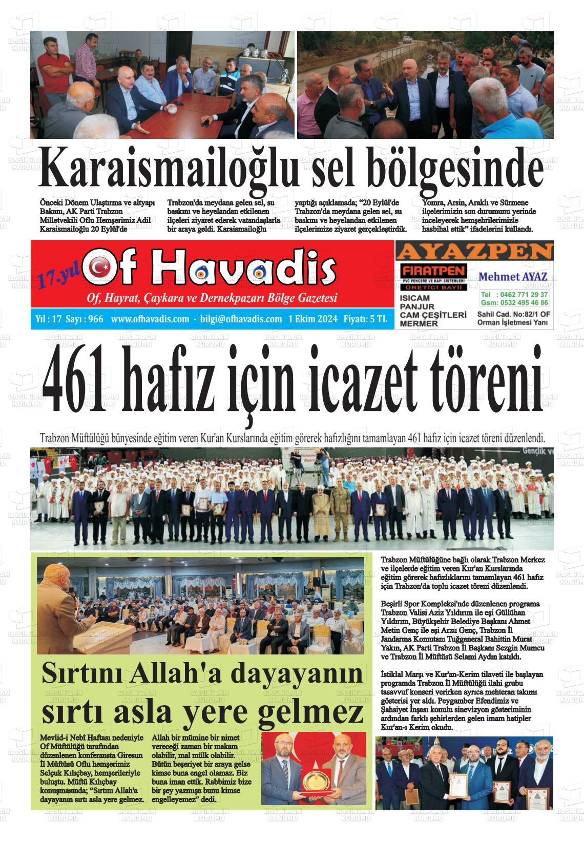 01 Ekim 2024 Of Havadis Gazete Manşeti