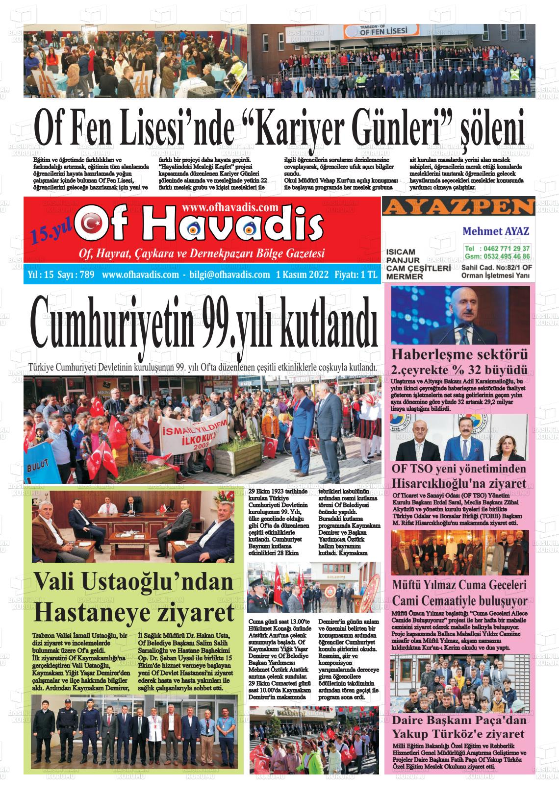 01 Kasım 2022 Of Havadis Gazete Manşeti