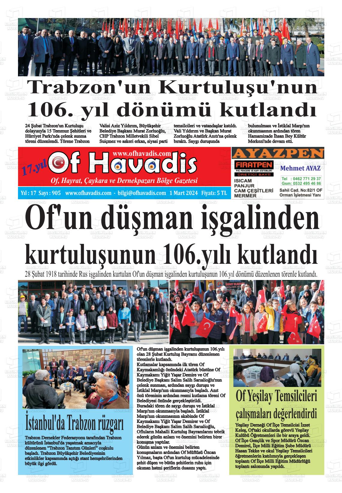 01 Mart 2024 Of Havadis Gazete Manşeti