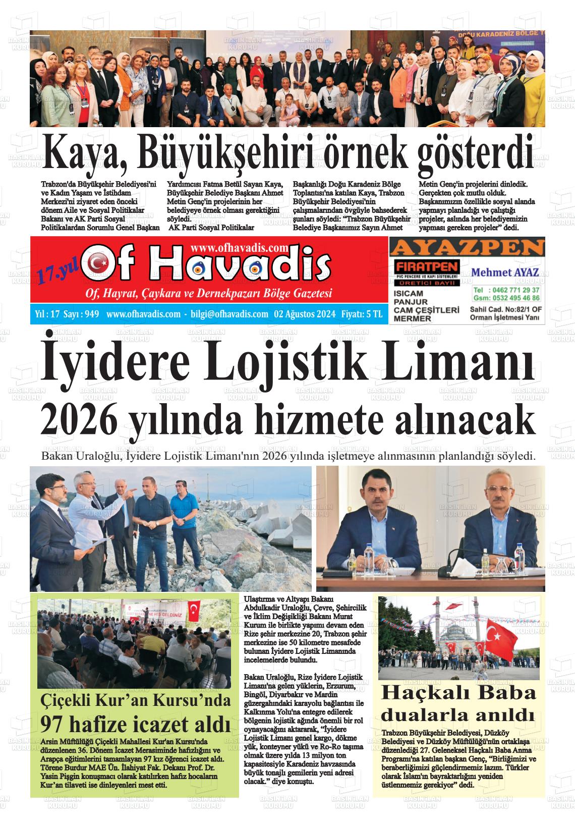 02 Ağustos 2024 Of Havadis Gazete Manşeti