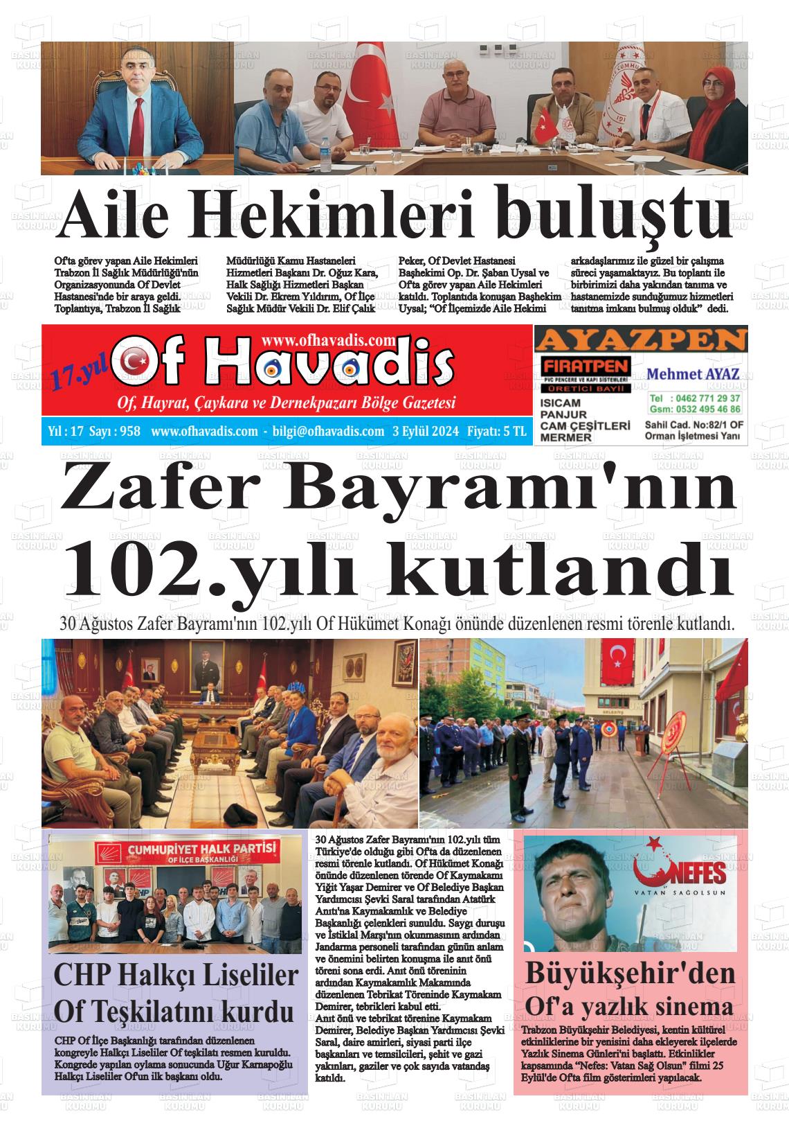 03 Eylül 2024 Of Havadis Gazete Manşeti