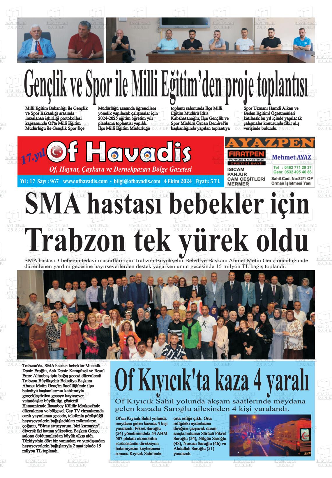 04 Ekim 2024 Of Havadis Gazete Manşeti