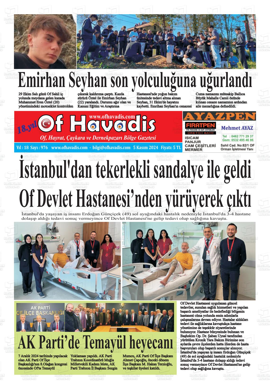 05 Kasım 2024 Of Havadis Gazete Manşeti