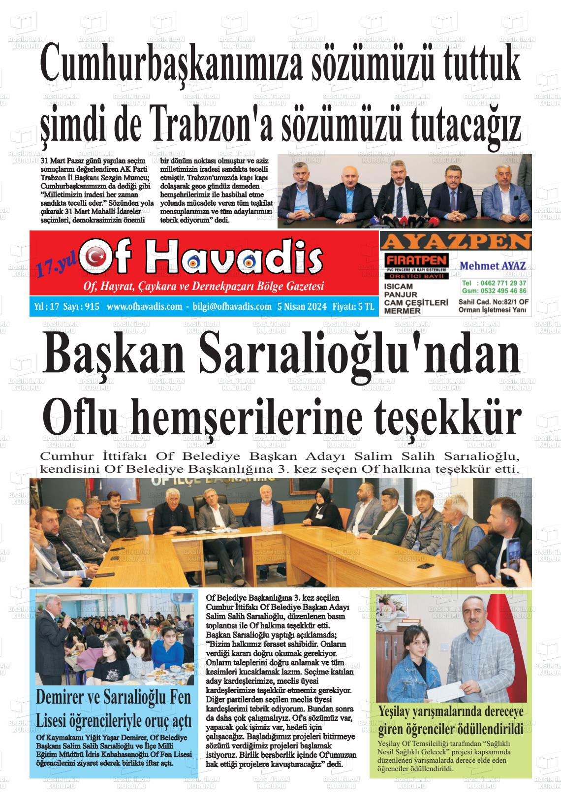 05 Nisan 2024 Of Havadis Gazete Manşeti