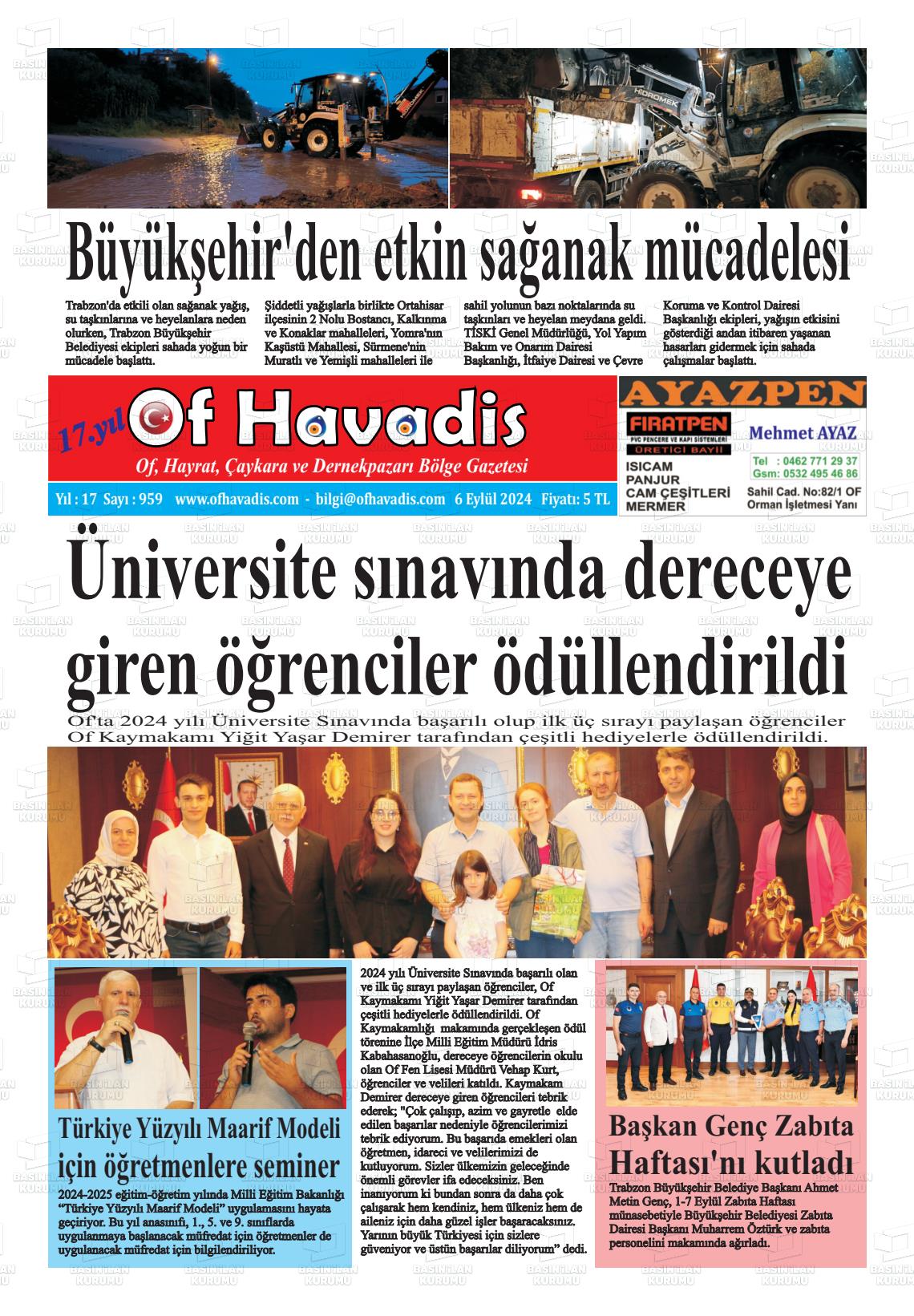 06 Eylül 2024 Of Havadis Gazete Manşeti