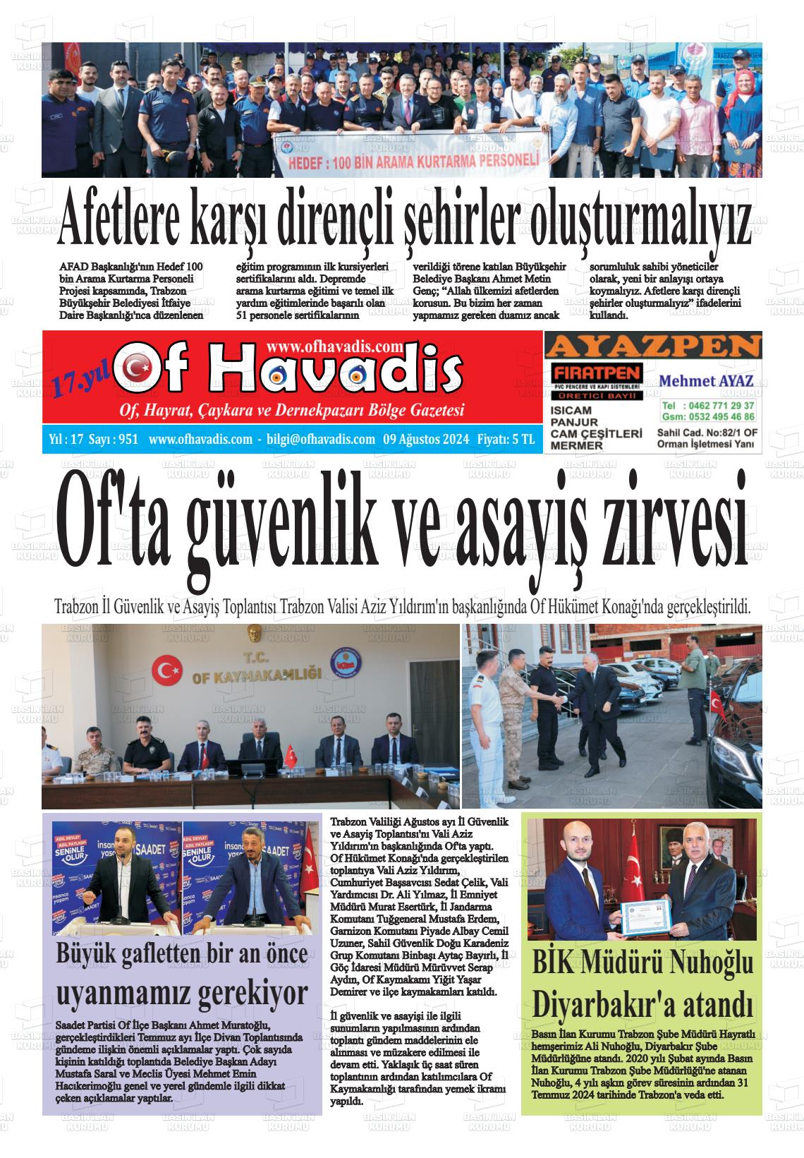 09 Ağustos 2024 Of Havadis Gazete Manşeti