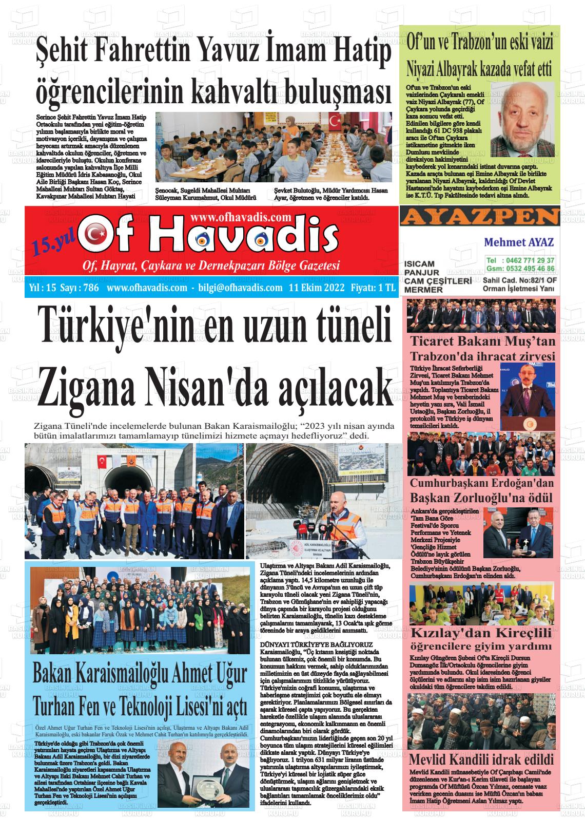 11 Ekim 2022 Of Havadis Gazete Manşeti