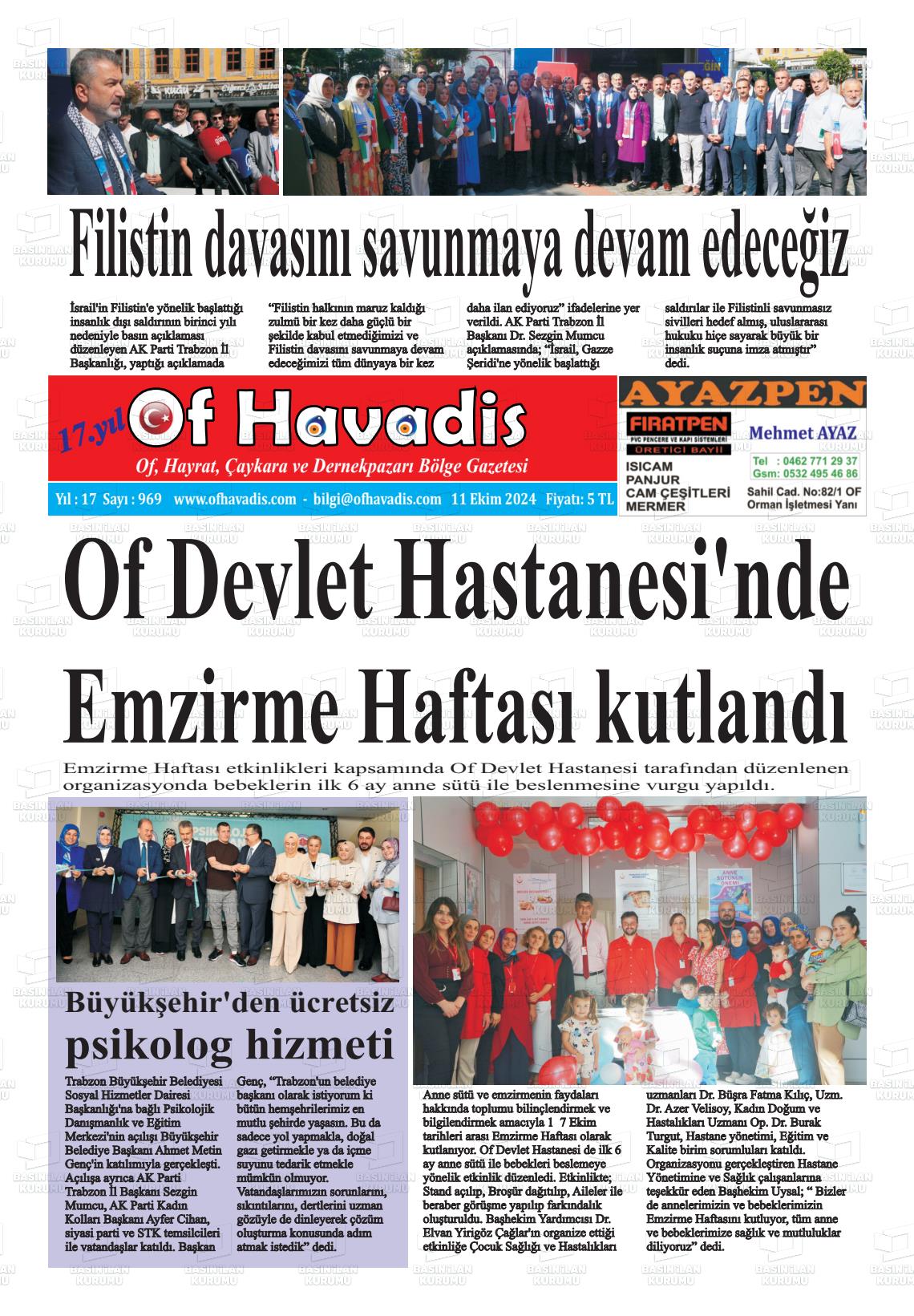 11 Ekim 2024 Of Havadis Gazete Manşeti