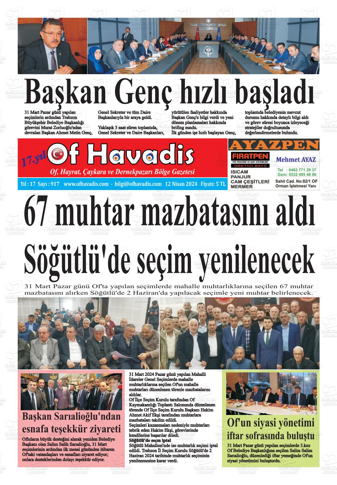 12 Nisan 2024 Of Havadis Gazete Manşeti