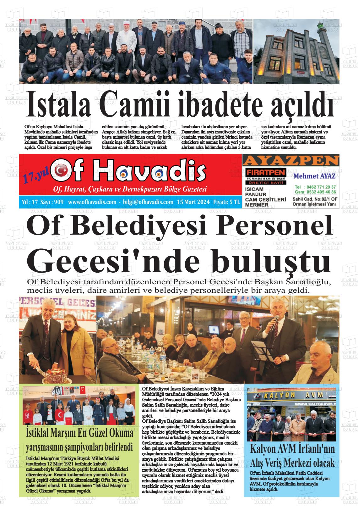 15 Mart 2024 Of Havadis Gazete Manşeti