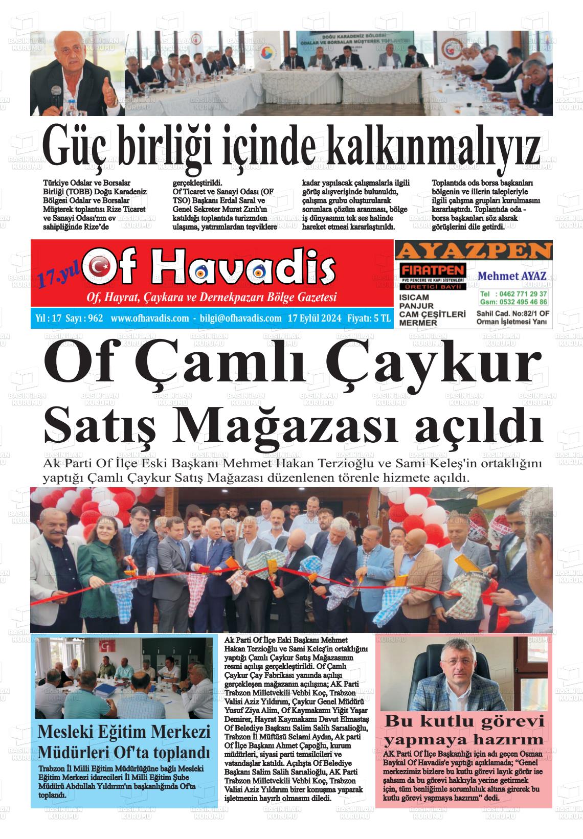 17 Eylül 2024 Of Havadis Gazete Manşeti