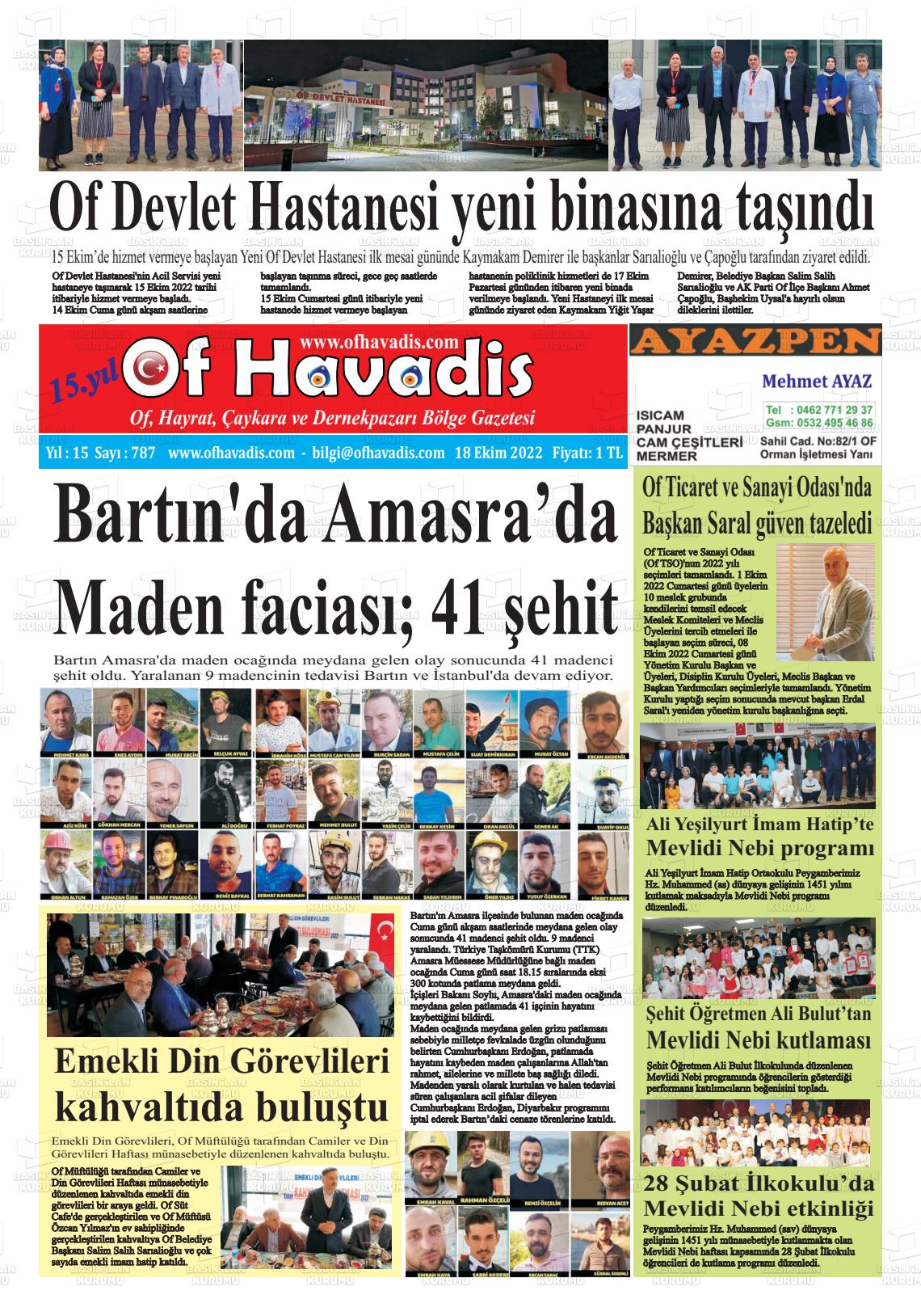 18 Ekim 2022 Of Havadis Gazete Manşeti