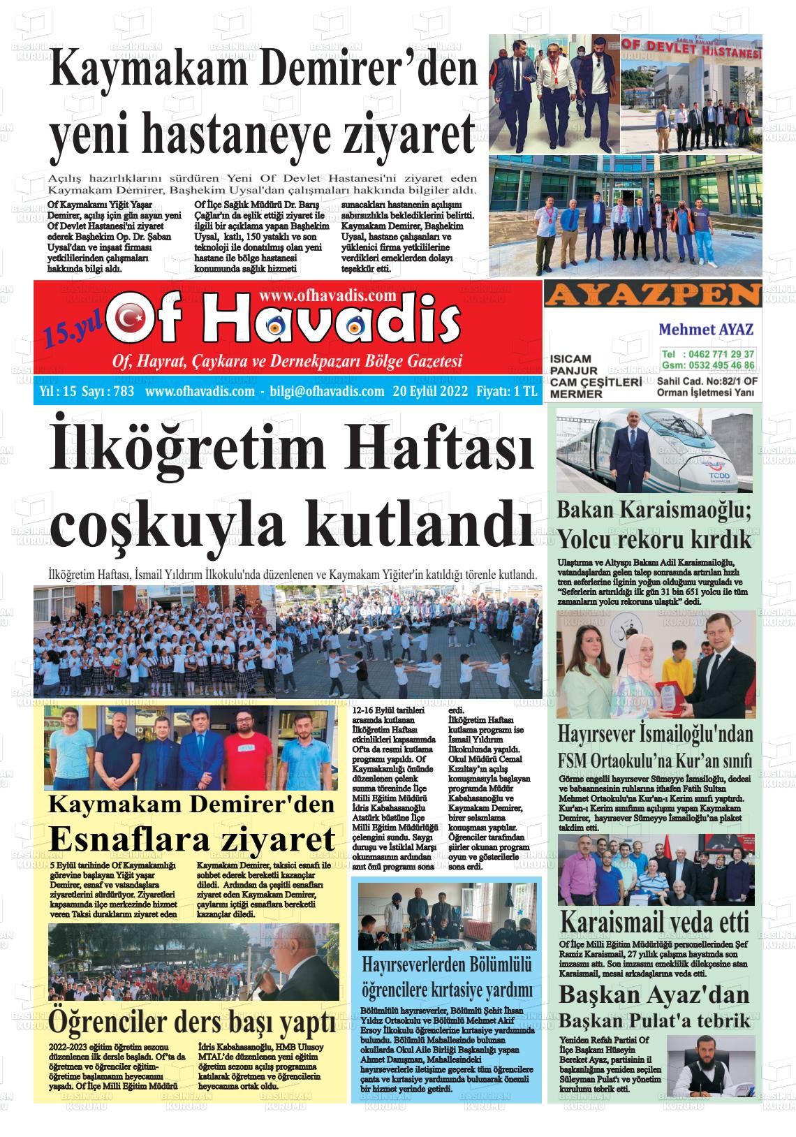 20 Eylül 2022 Of Havadis Gazete Manşeti