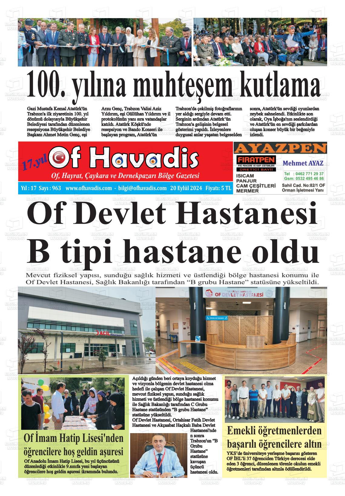 20 Eylül 2024 Of Havadis Gazete Manşeti