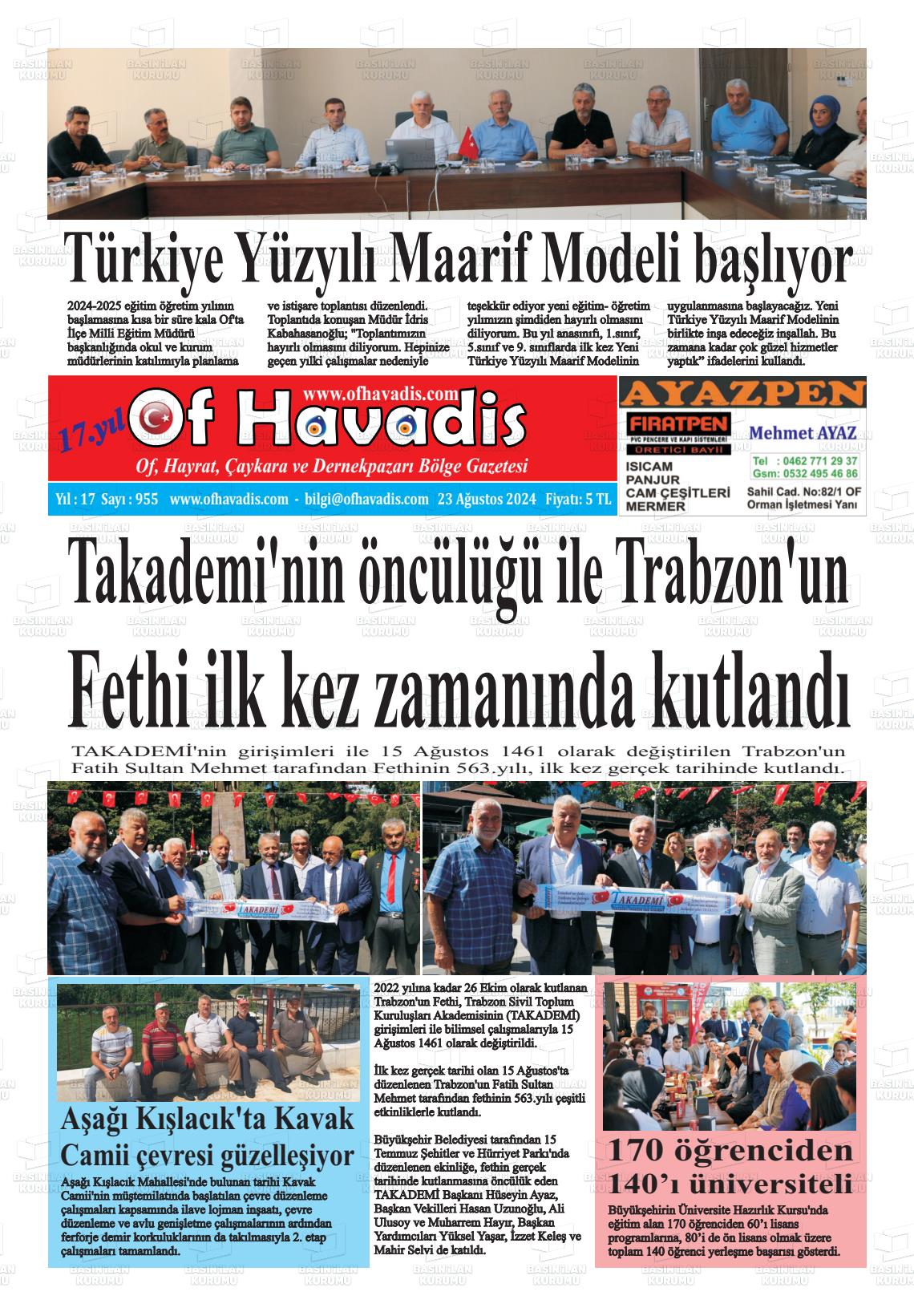 23 Ağustos 2024 Of Havadis Gazete Manşeti