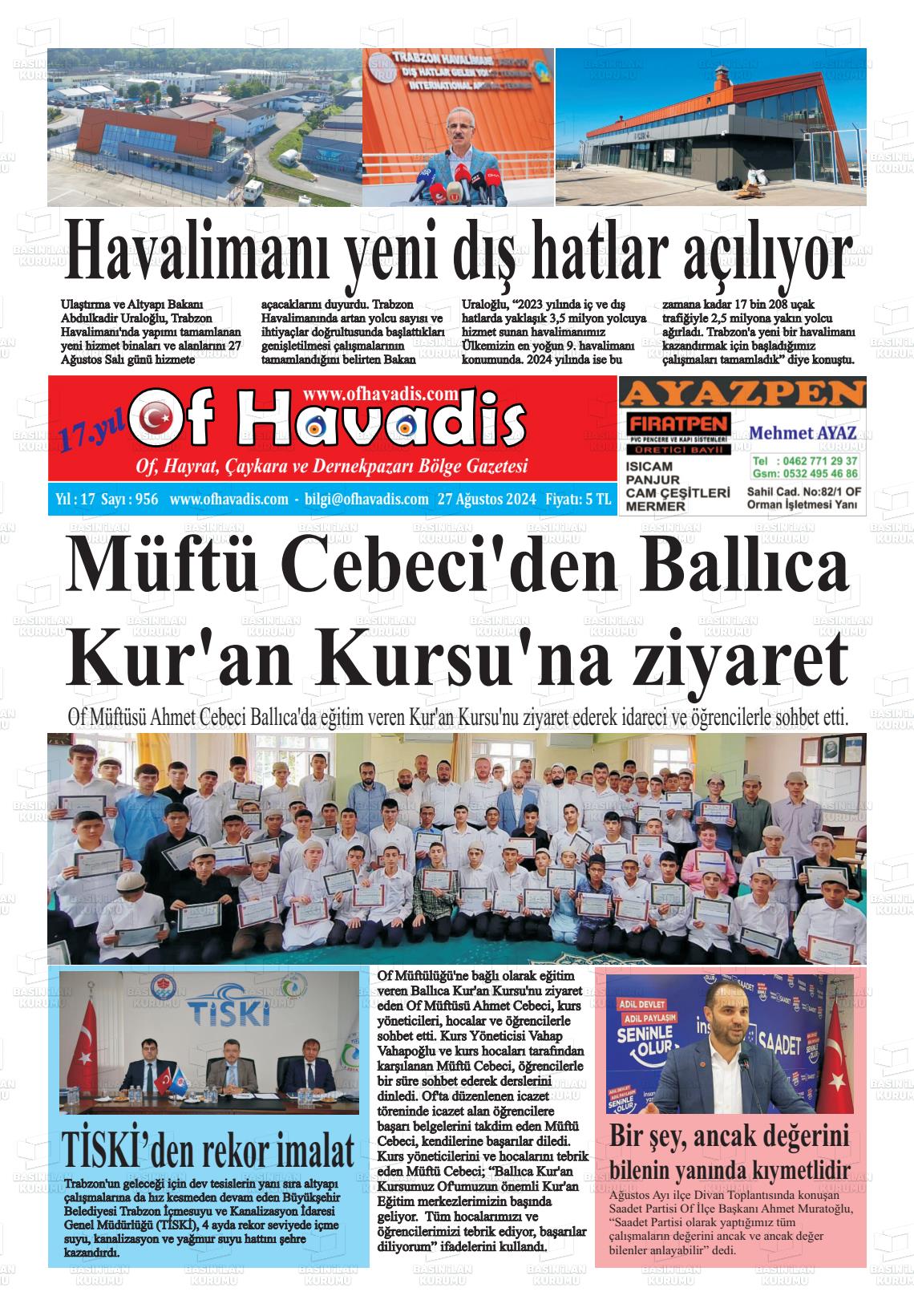 27 Ağustos 2024 Of Havadis Gazete Manşeti