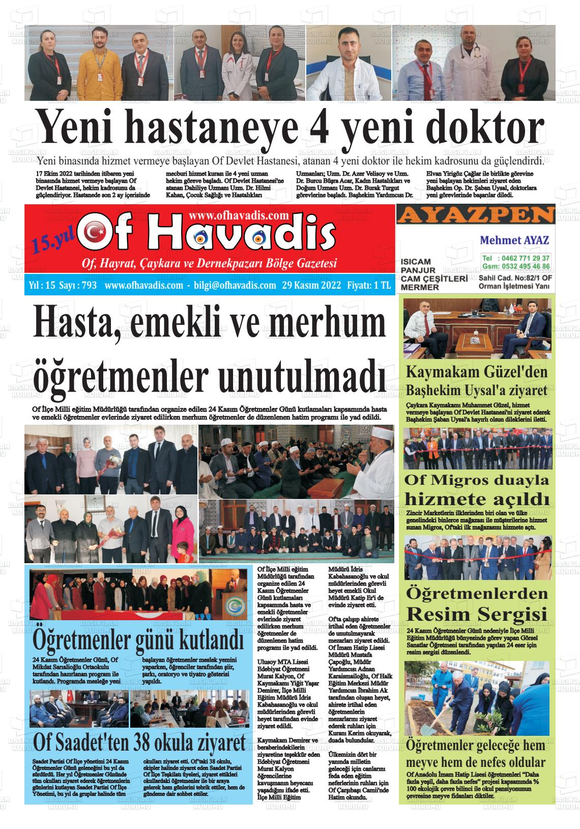 29 Kasım 2022 Of Havadis Gazete Manşeti