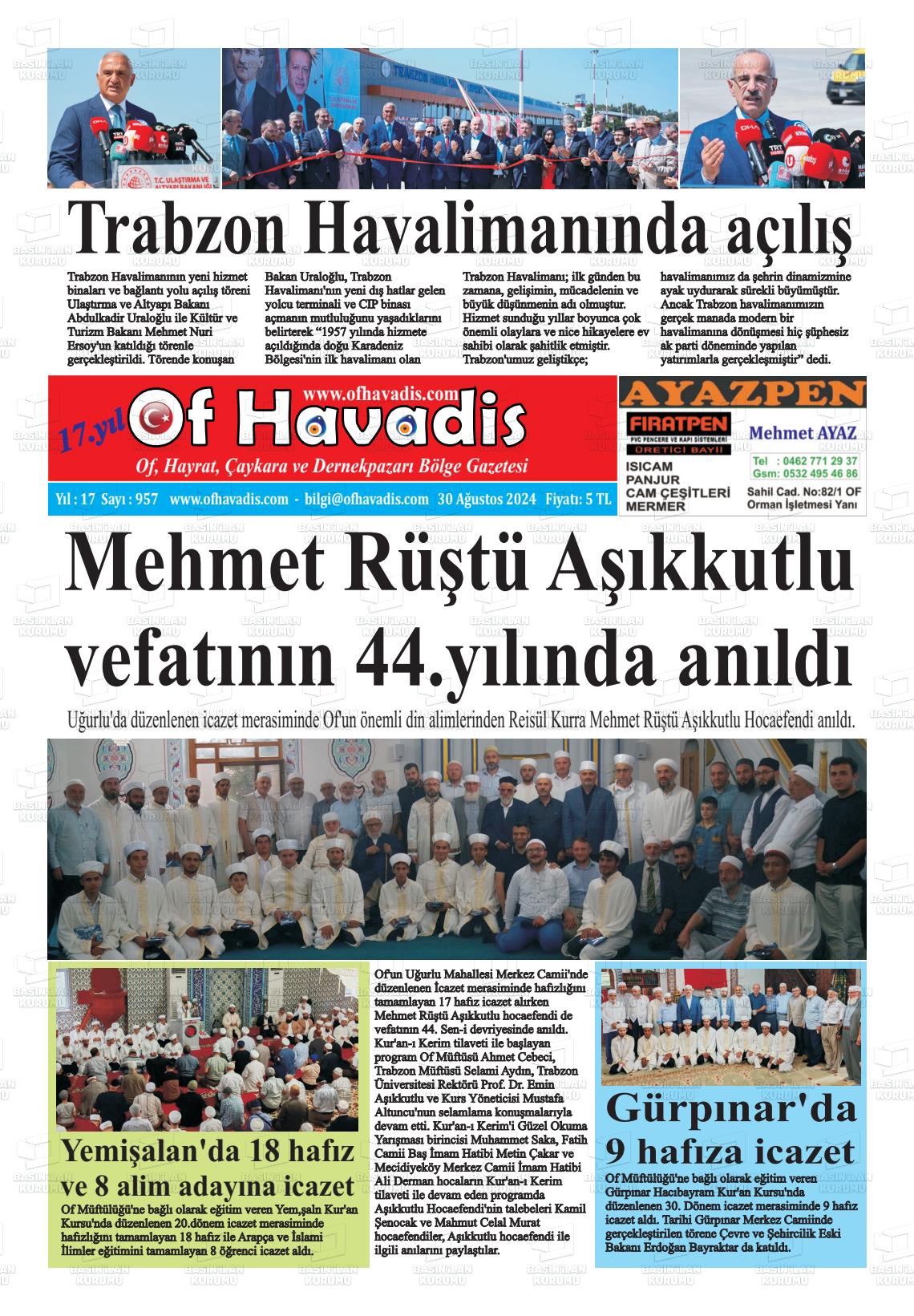 30 Ağustos 2024 Of Havadis Gazete Manşeti