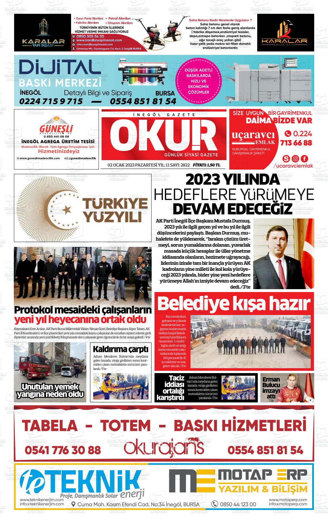 02 Ocak 2023 İnegöl Okur Gazete Manşeti