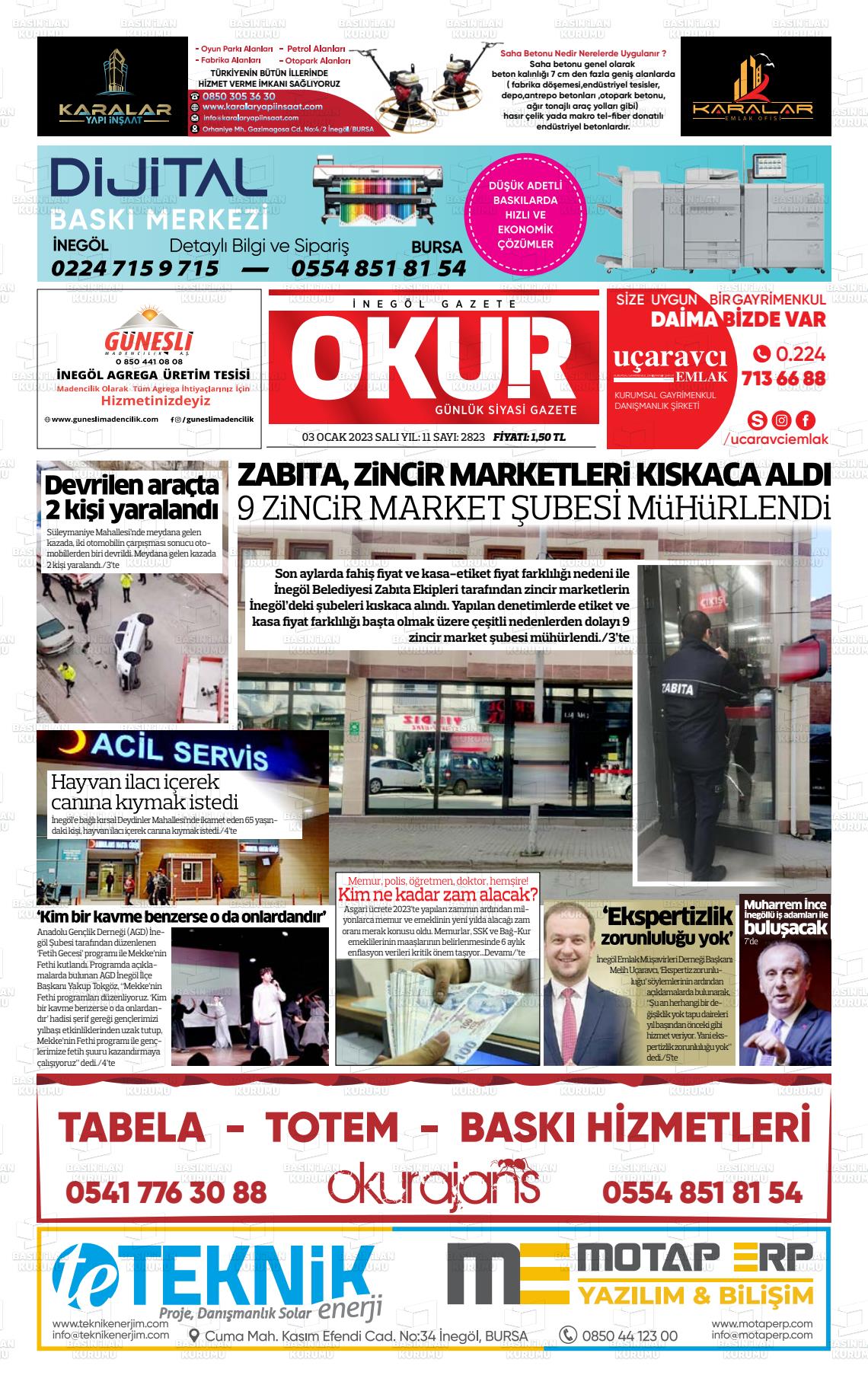 03 Ocak 2023 İnegöl Okur Gazete Manşeti