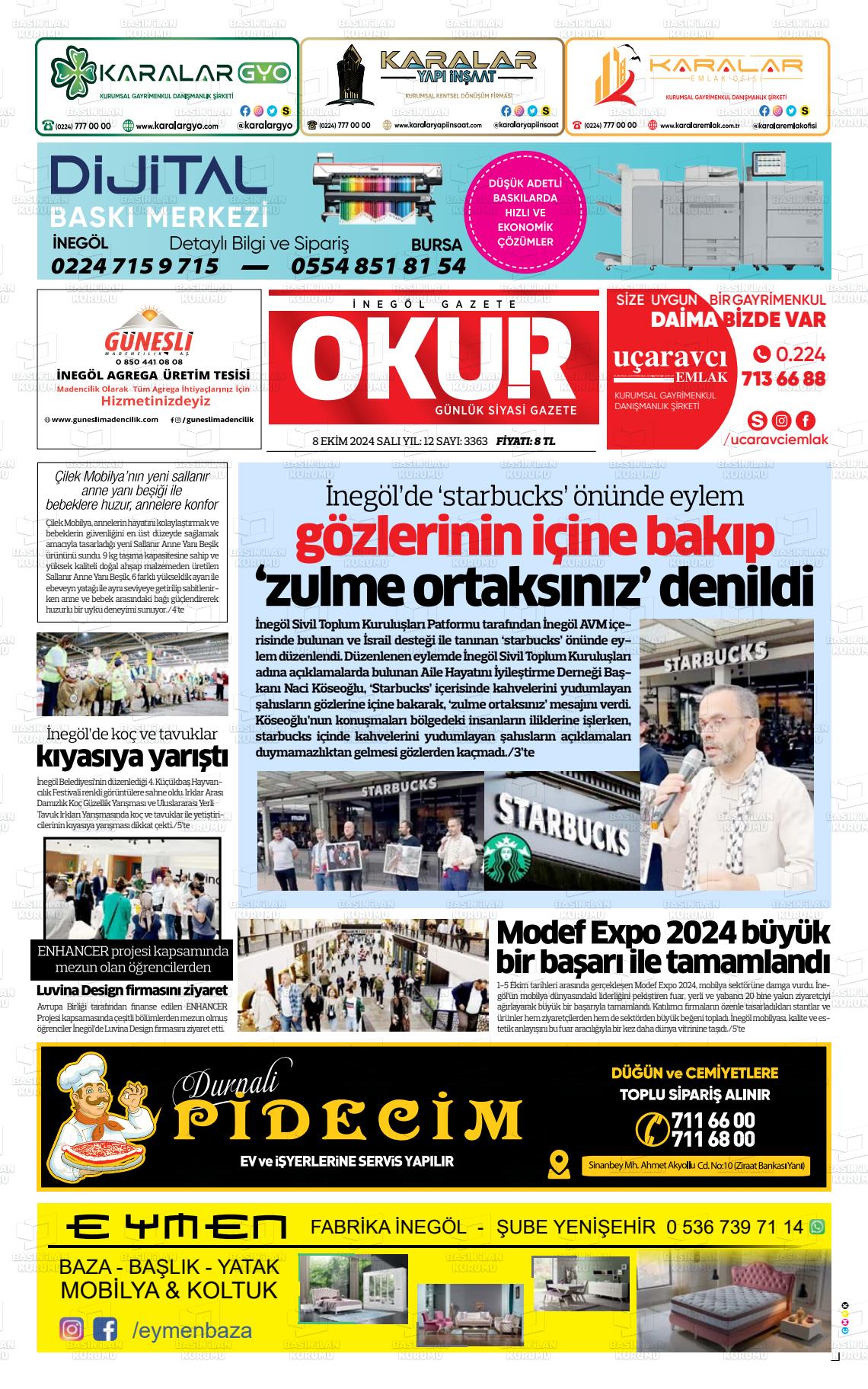 08 Ekim 2024 İnegöl Okur Gazete Manşeti