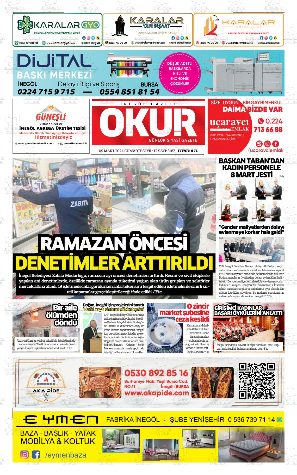 09 Mart 2024 İnegöl Okur Gazete Manşeti