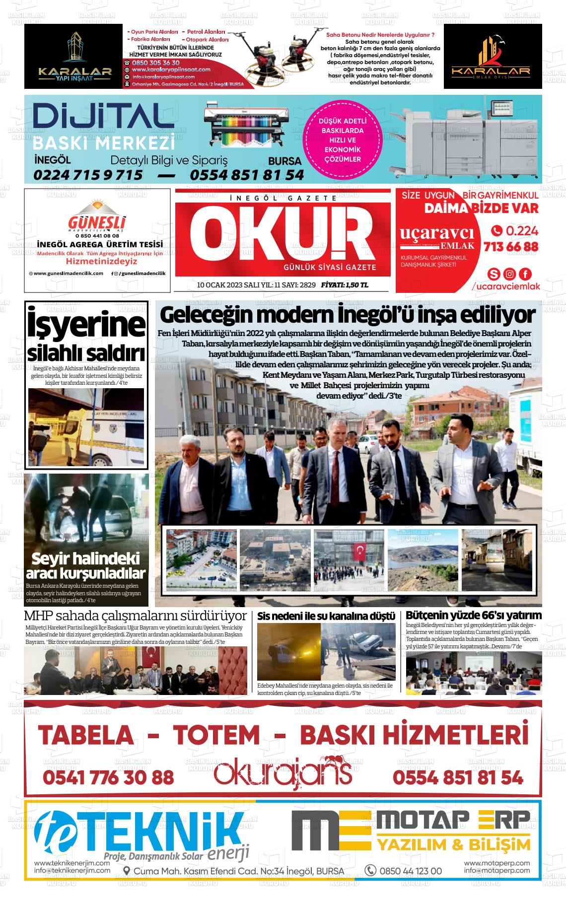 10 Ocak 2023 İnegöl Okur Gazete Manşeti