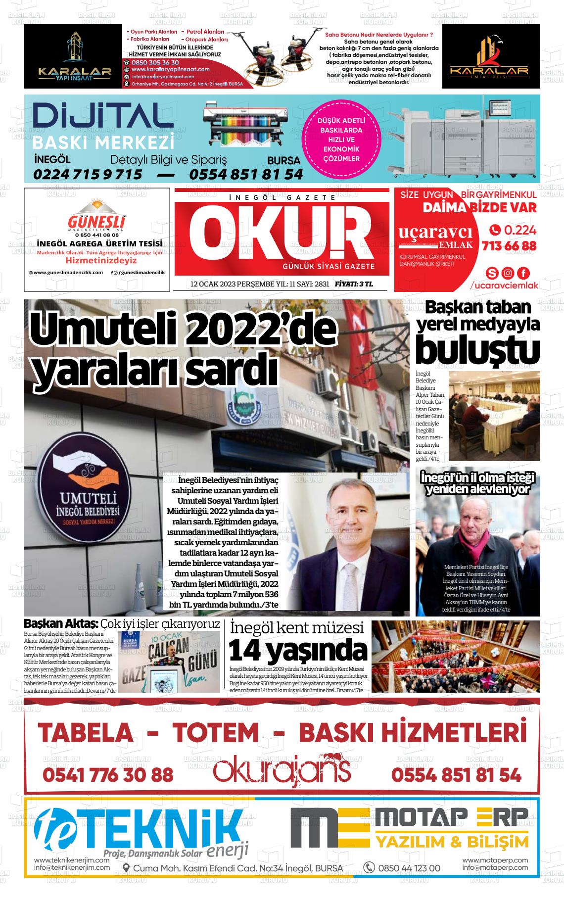 12 Ocak 2023 İnegöl Okur Gazete Manşeti