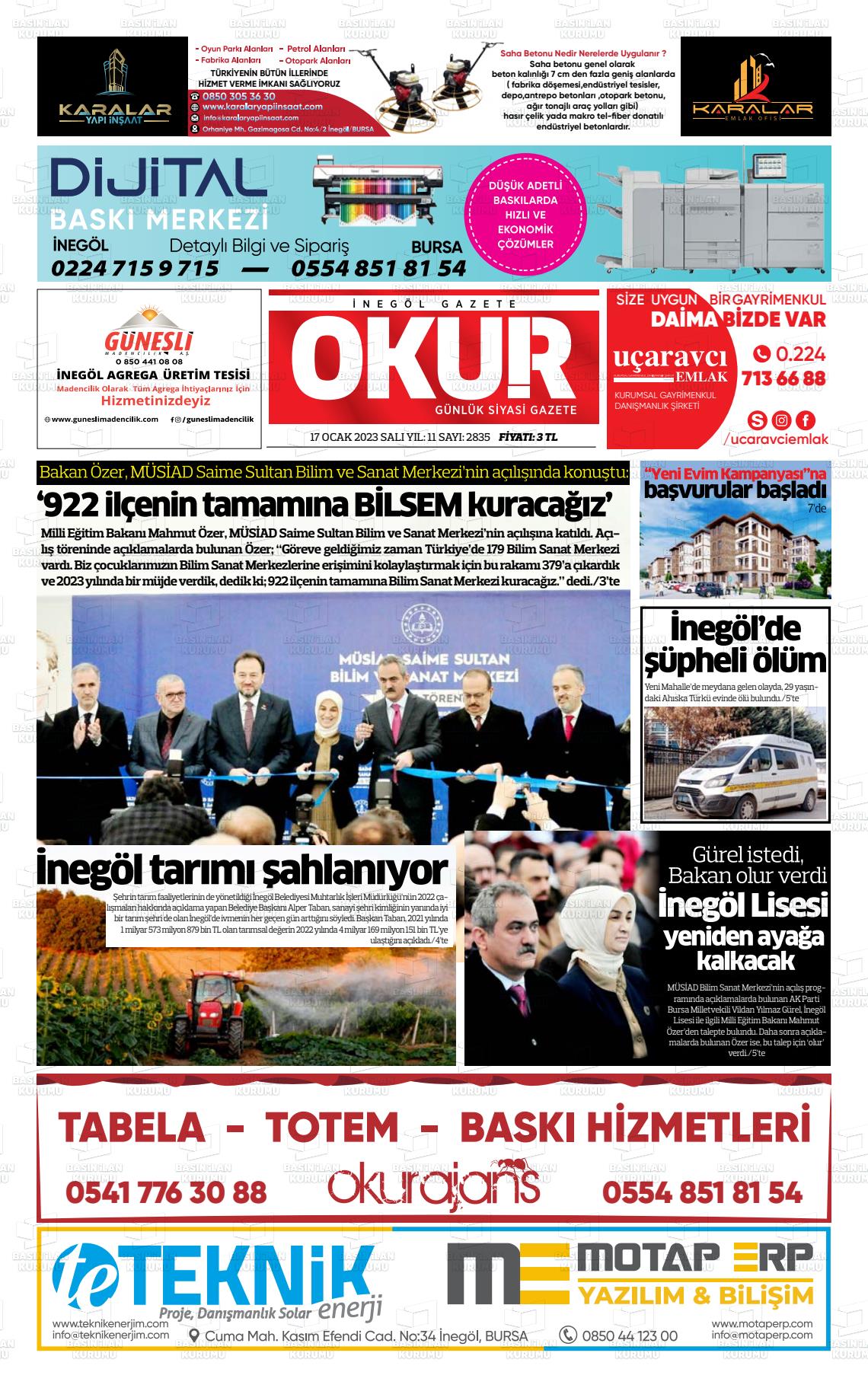 18 Ocak 2023 İnegöl Okur Gazete Manşeti