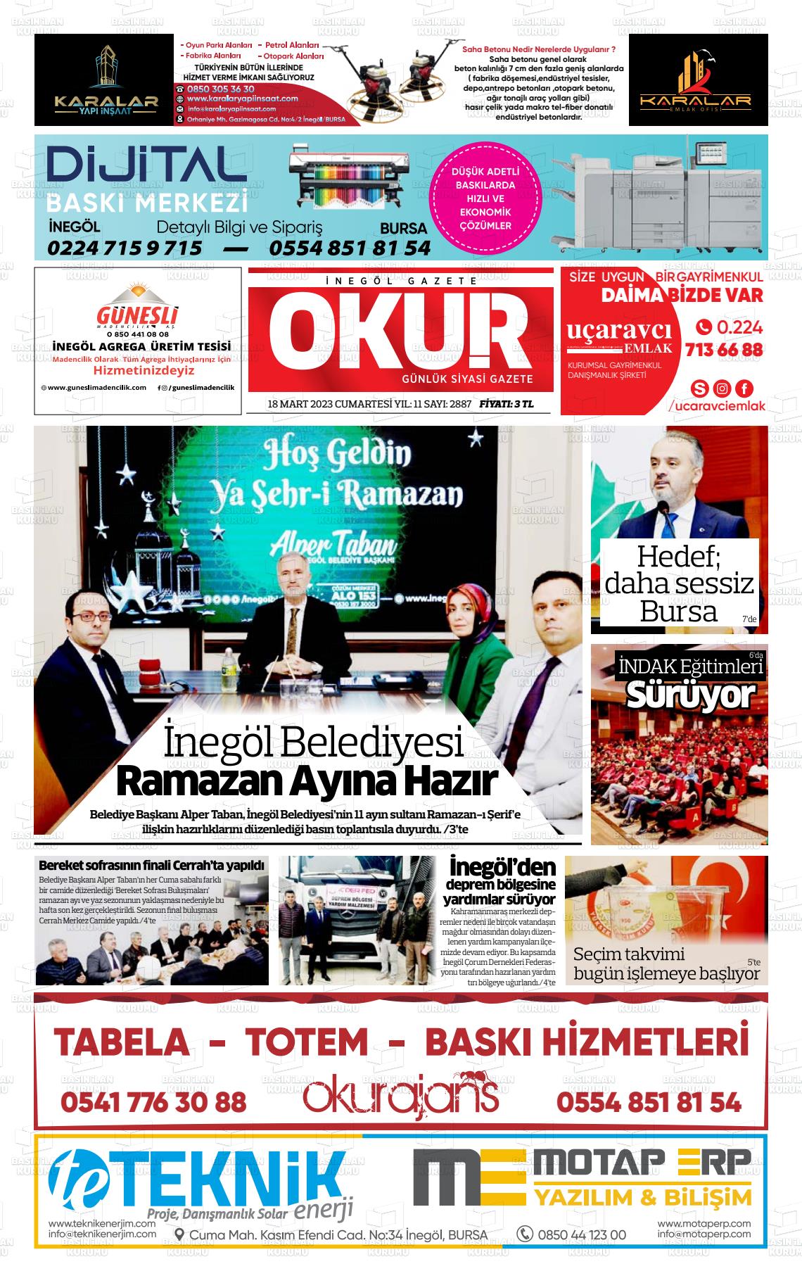 18 Mart 2023 İnegöl Okur Gazete Manşeti