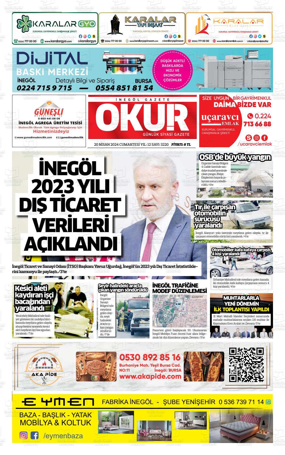 20 Nisan 2024 İnegöl Okur Gazete Manşeti