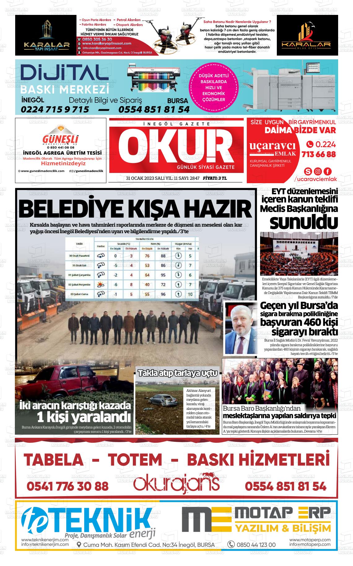 31 Mart 2023 İnegöl Okur Gazete Manşeti