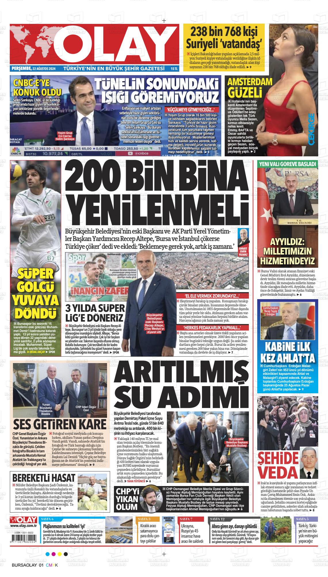 22 Ağustos 2024 Olay Gazete Manşeti