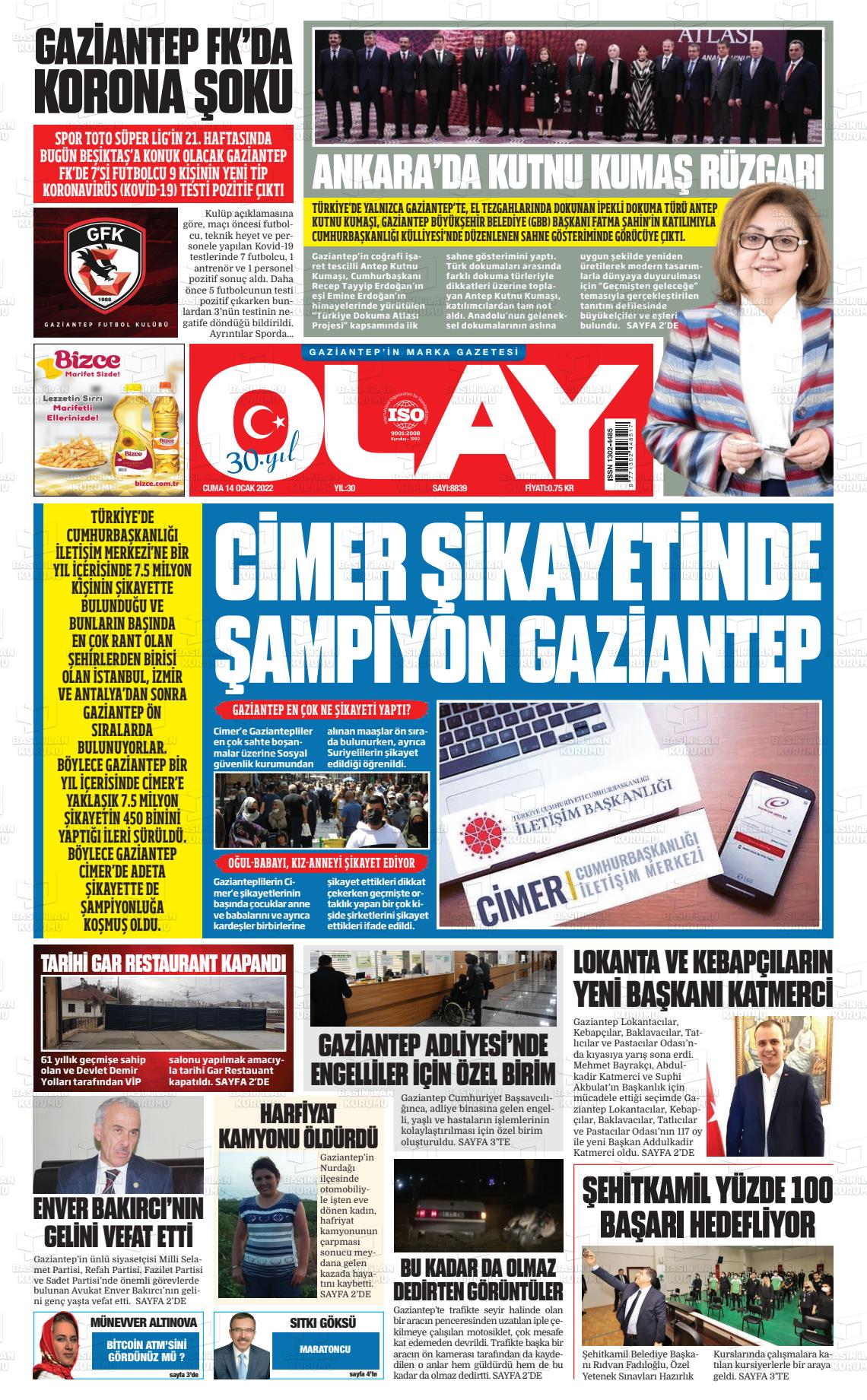 14 Ocak 2022 Olay Medya Gazete Manşeti
