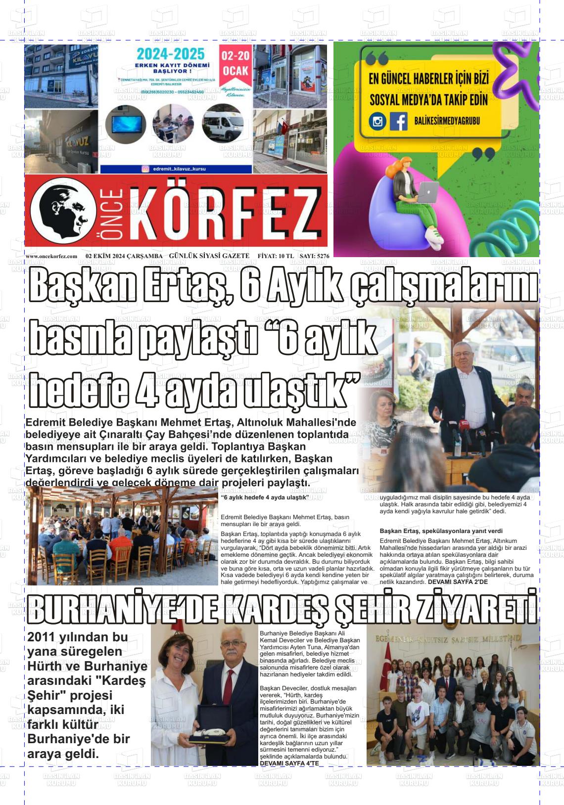 02 Ekim 2024 Önce Körfez Gazete Manşeti