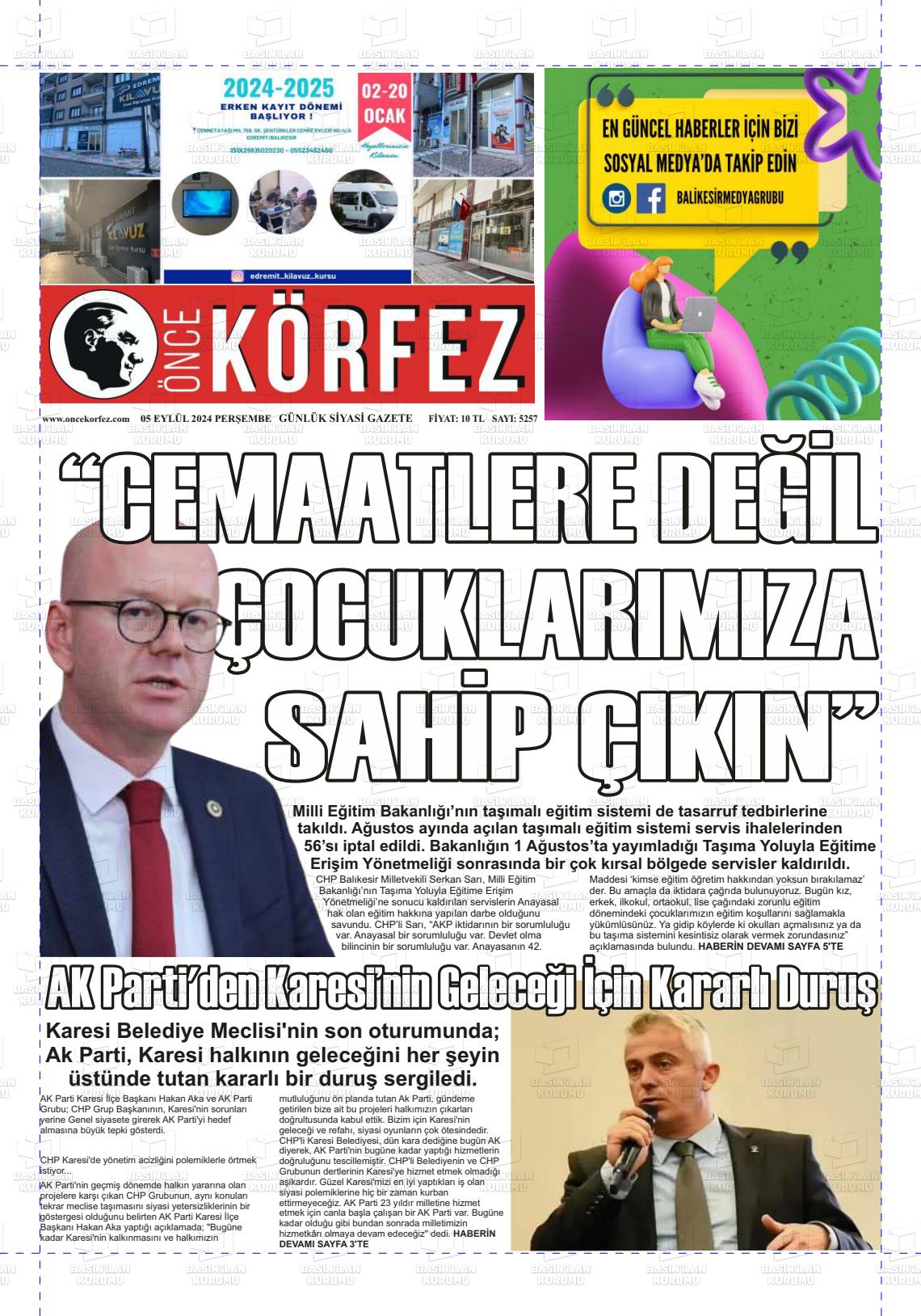 05 Eylül 2024 Önce Körfez Gazete Manşeti