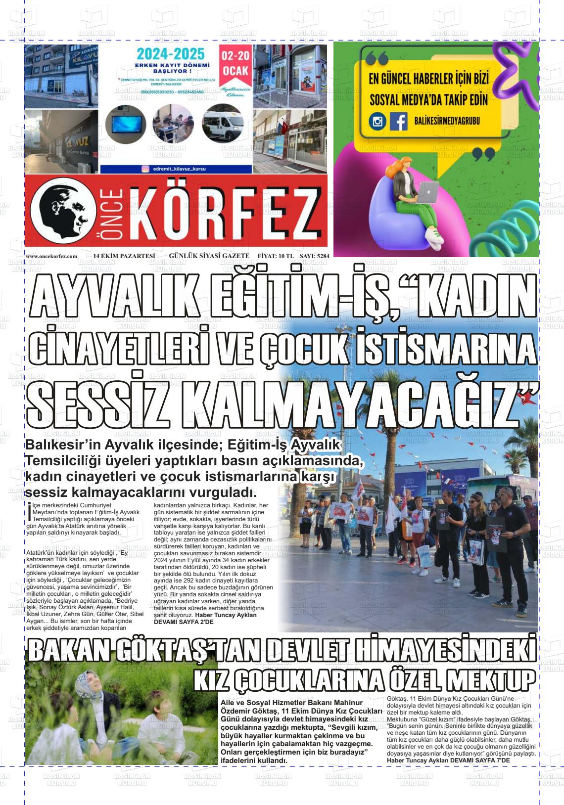 14 Ekim 2024 Önce Körfez Gazete Manşeti