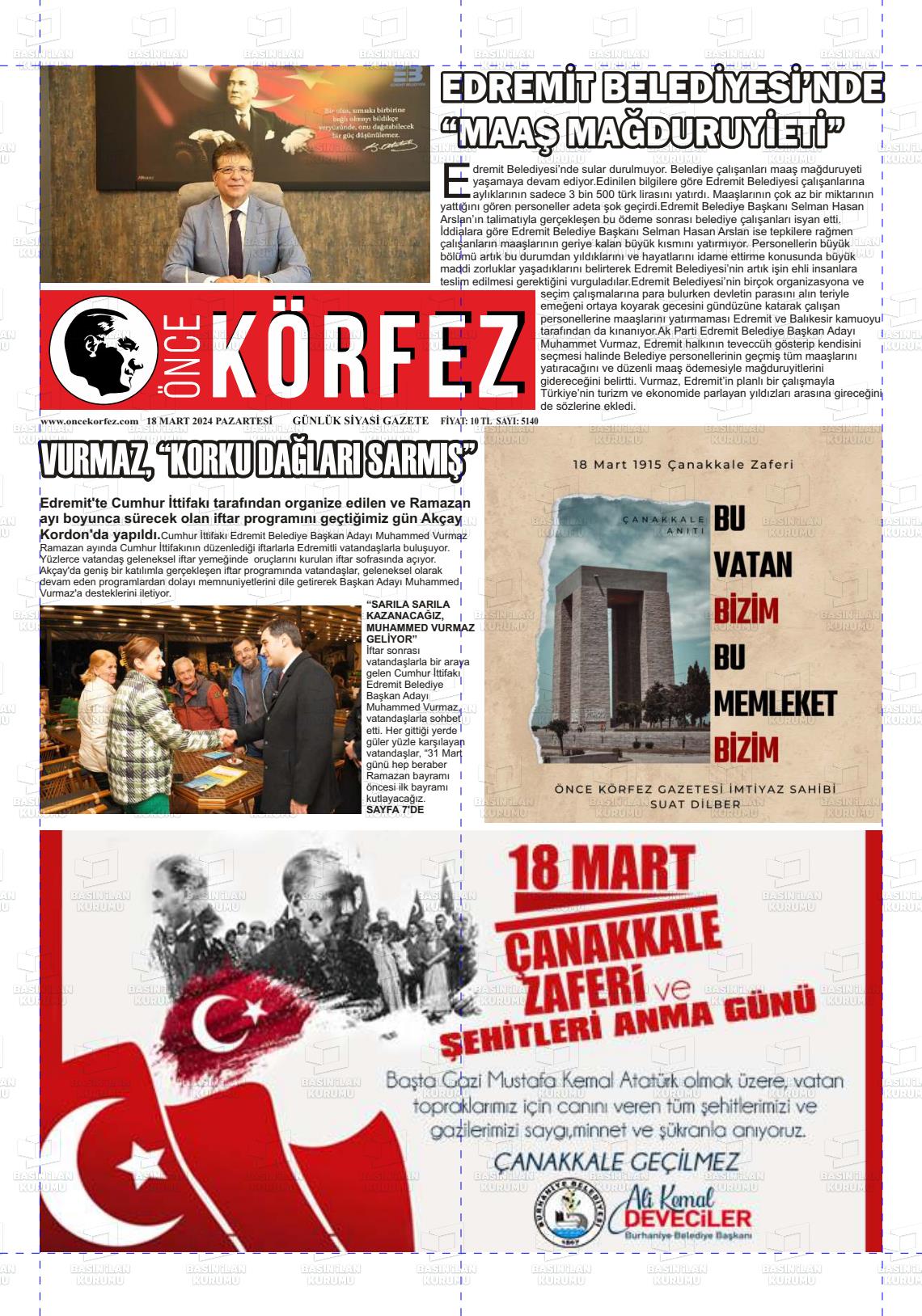 18 Mart 2024 Önce Körfez Gazete Manşeti