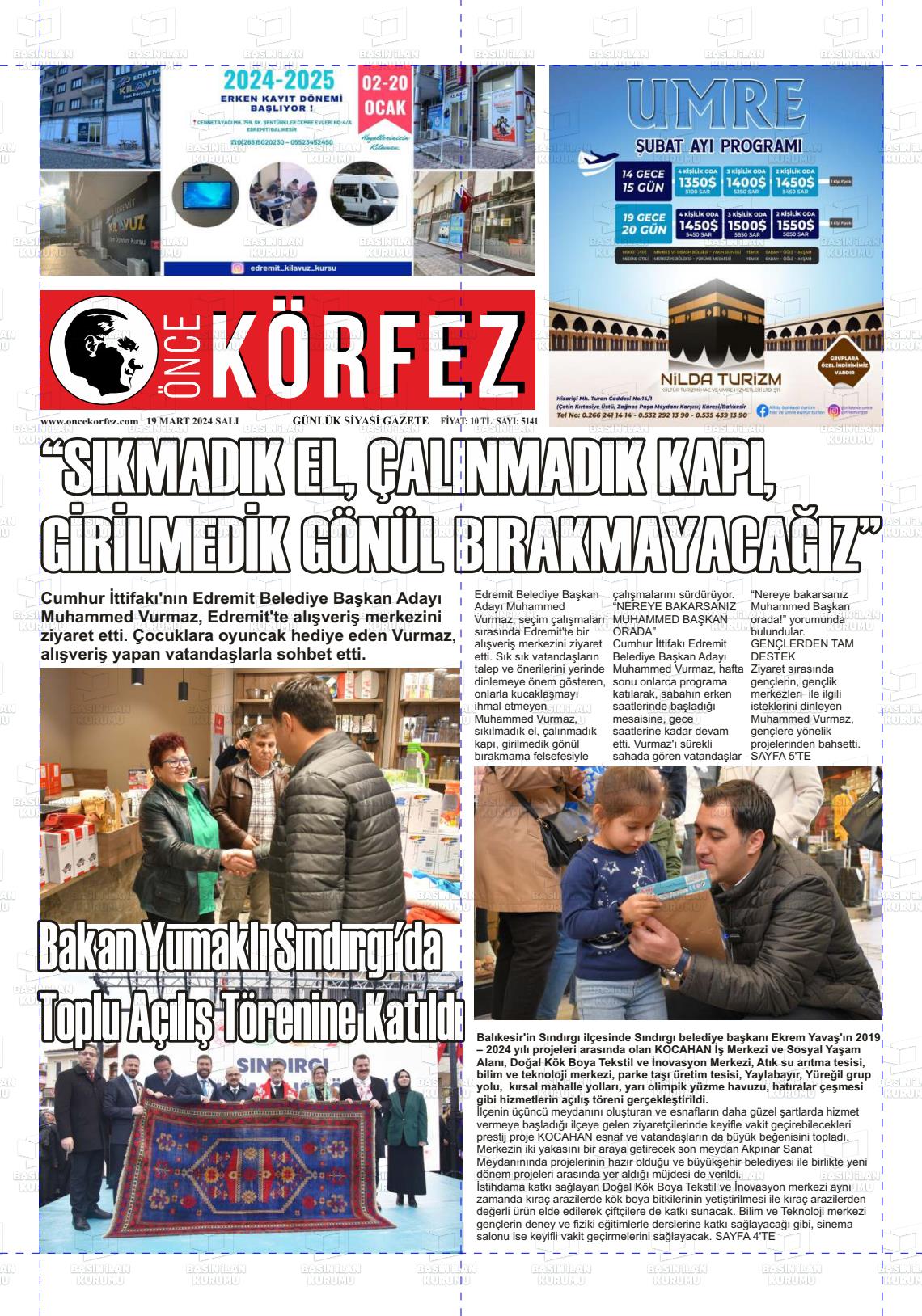 19 Mart 2024 Önce Körfez Gazete Manşeti