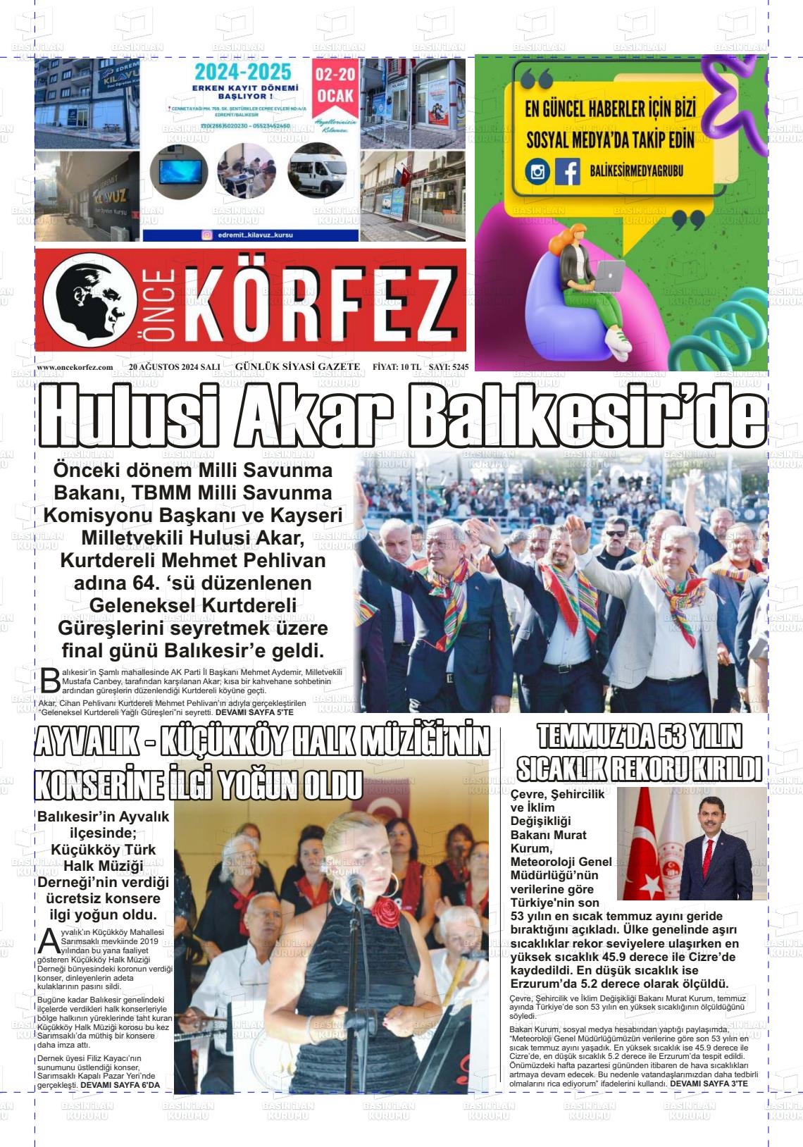 20 Ağustos 2024 Önce Körfez Gazete Manşeti