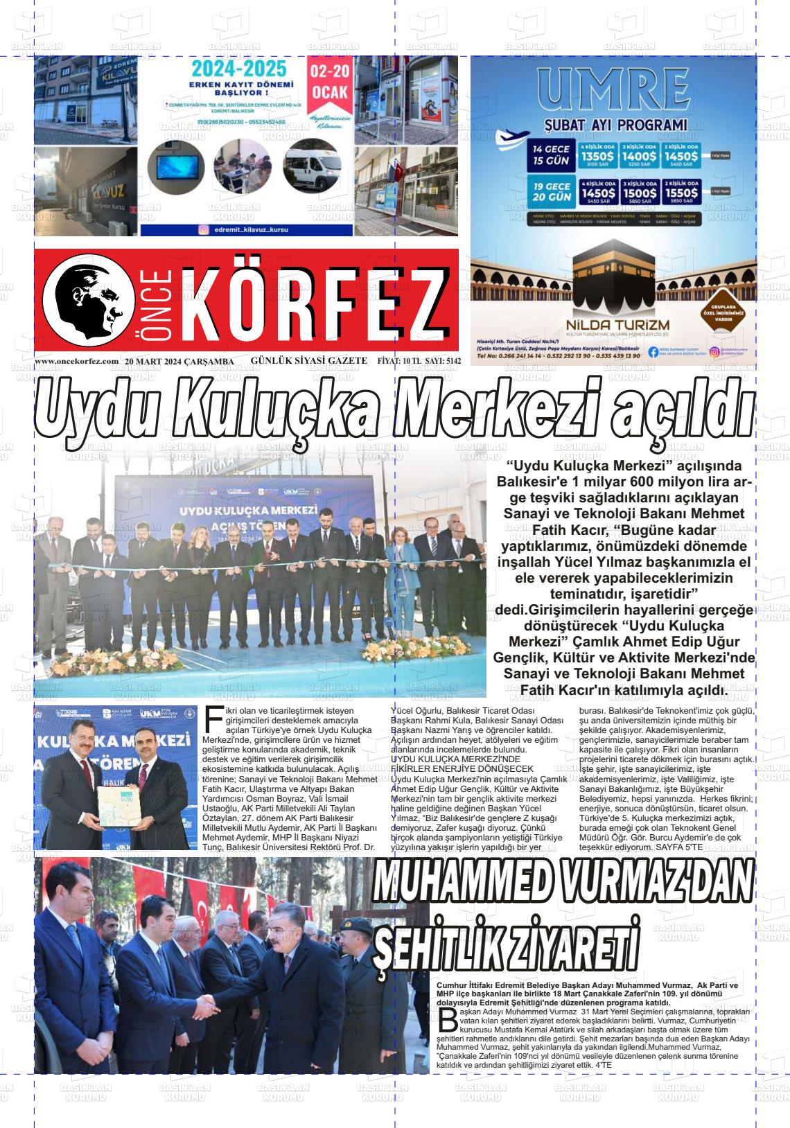 20 Mart 2024 Önce Körfez Gazete Manşeti