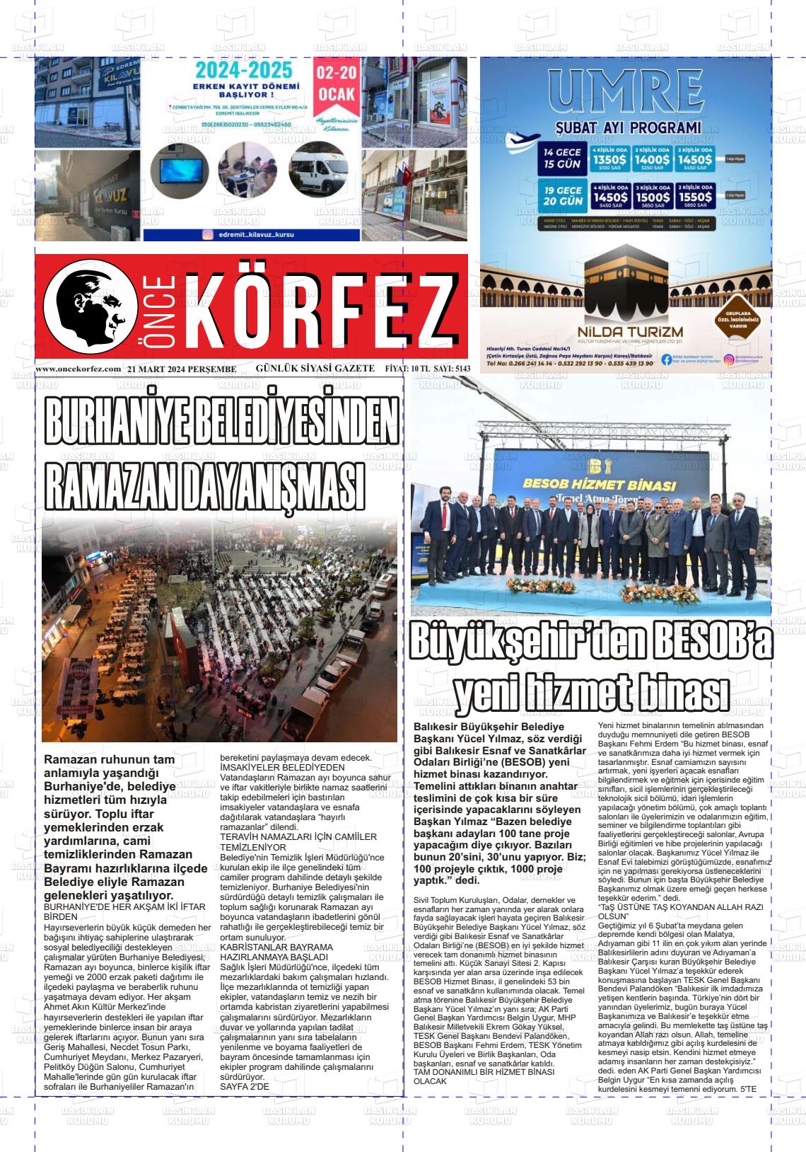 21 Mart 2024 Önce Körfez Gazete Manşeti