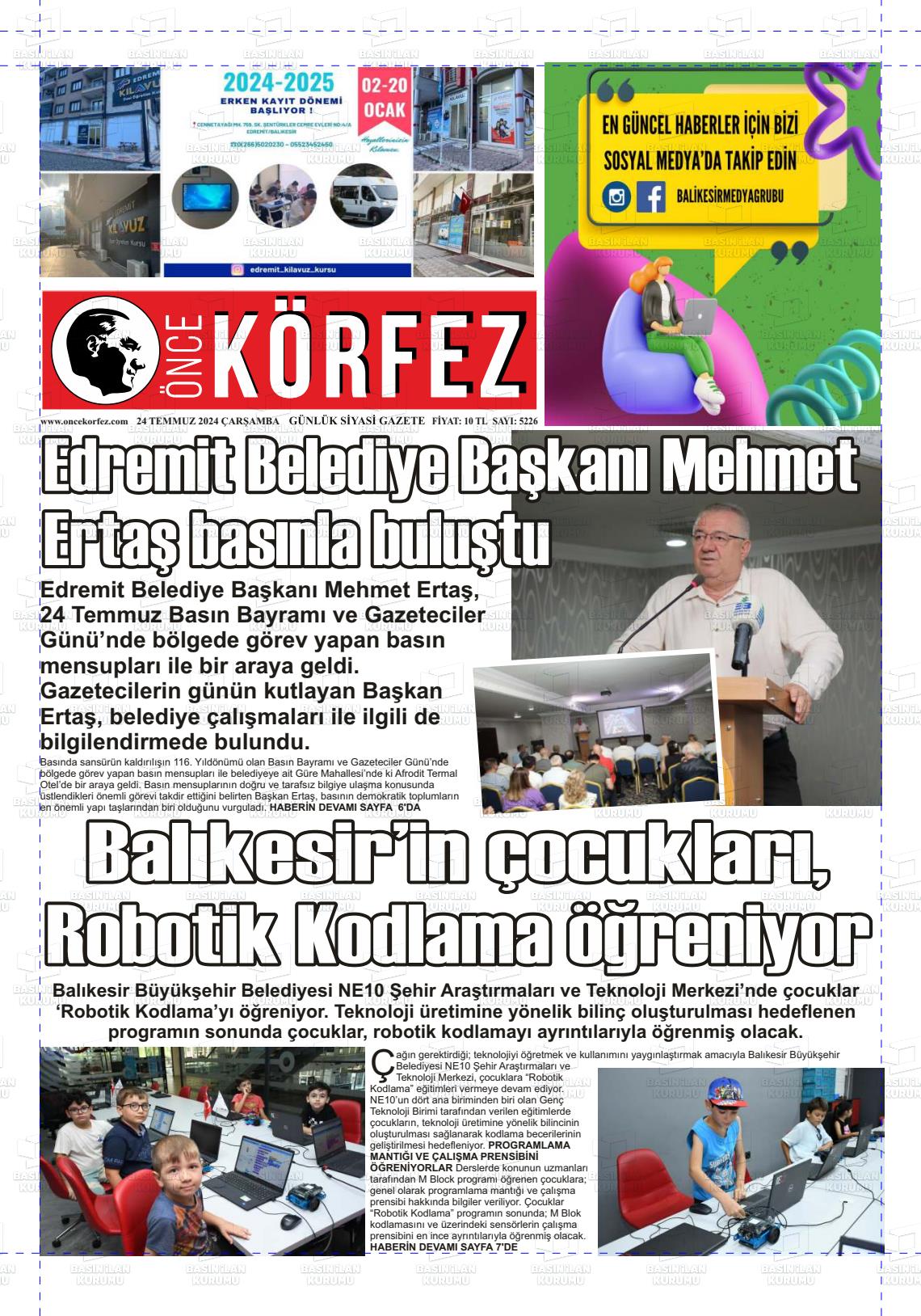 24 Temmuz 2024 Önce Körfez Gazete Manşeti