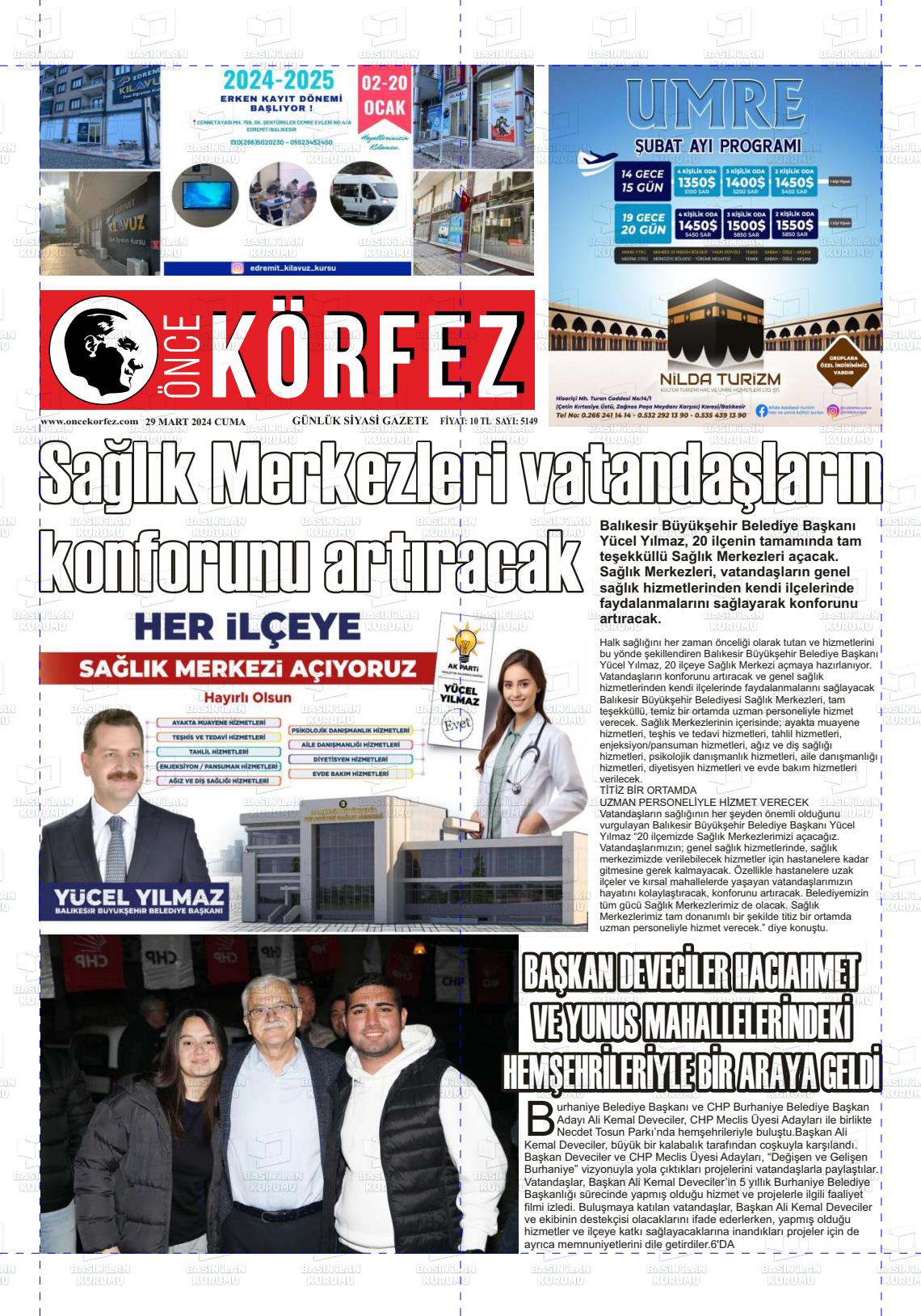 29 Mart 2024 Önce Körfez Gazete Manşeti